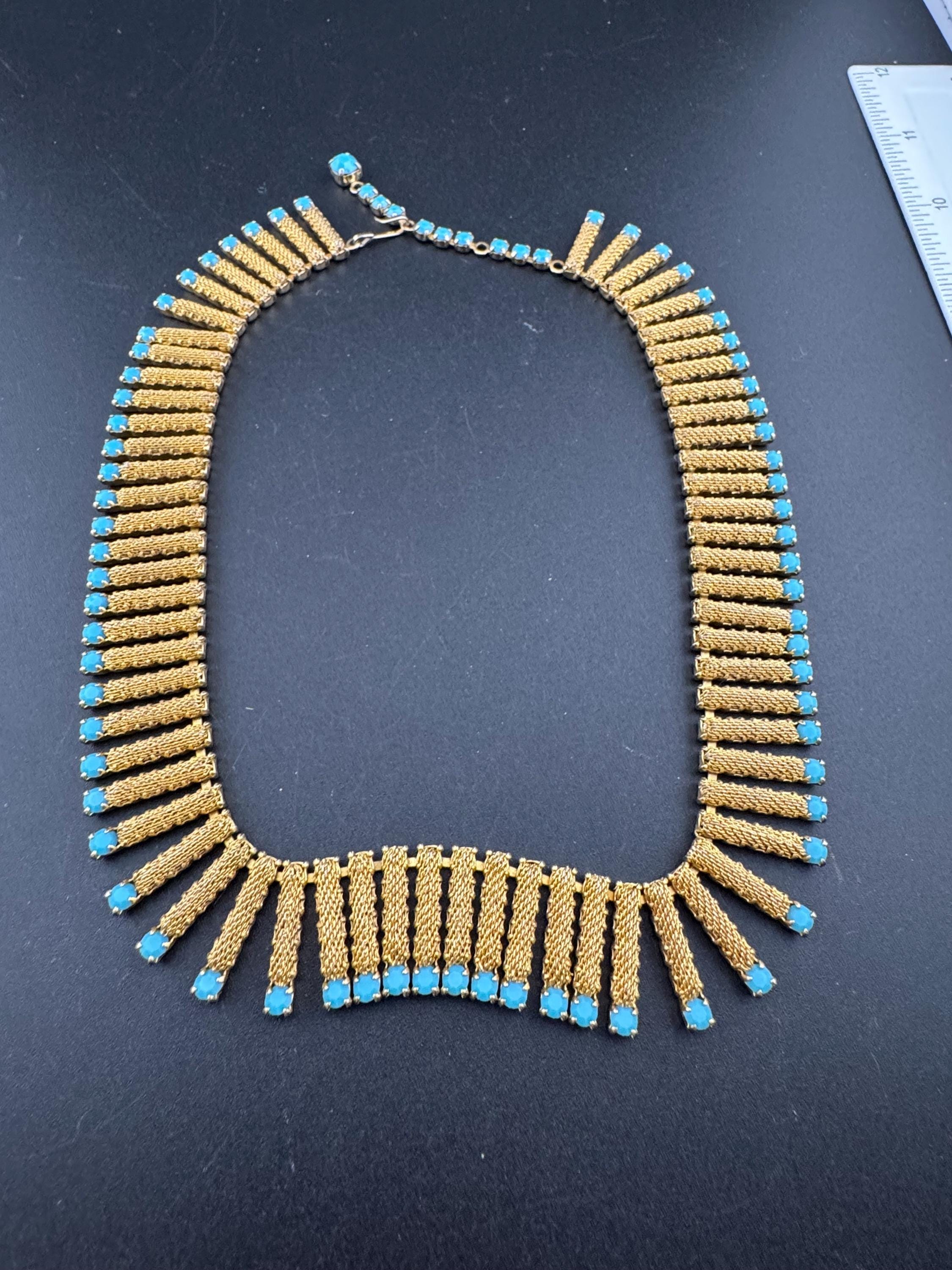 Vintage 1960s gold fringe necklace with turquoise glass paste stones