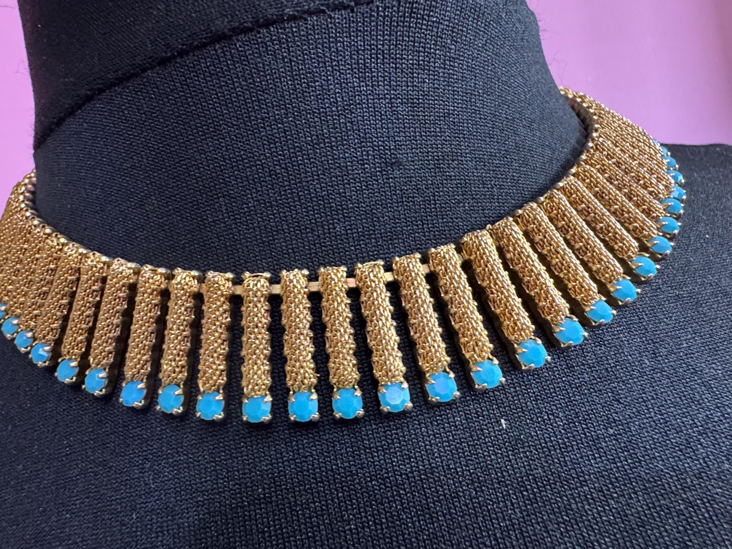 Vintage 1960s gold fringe necklace with turquoise glass paste stones