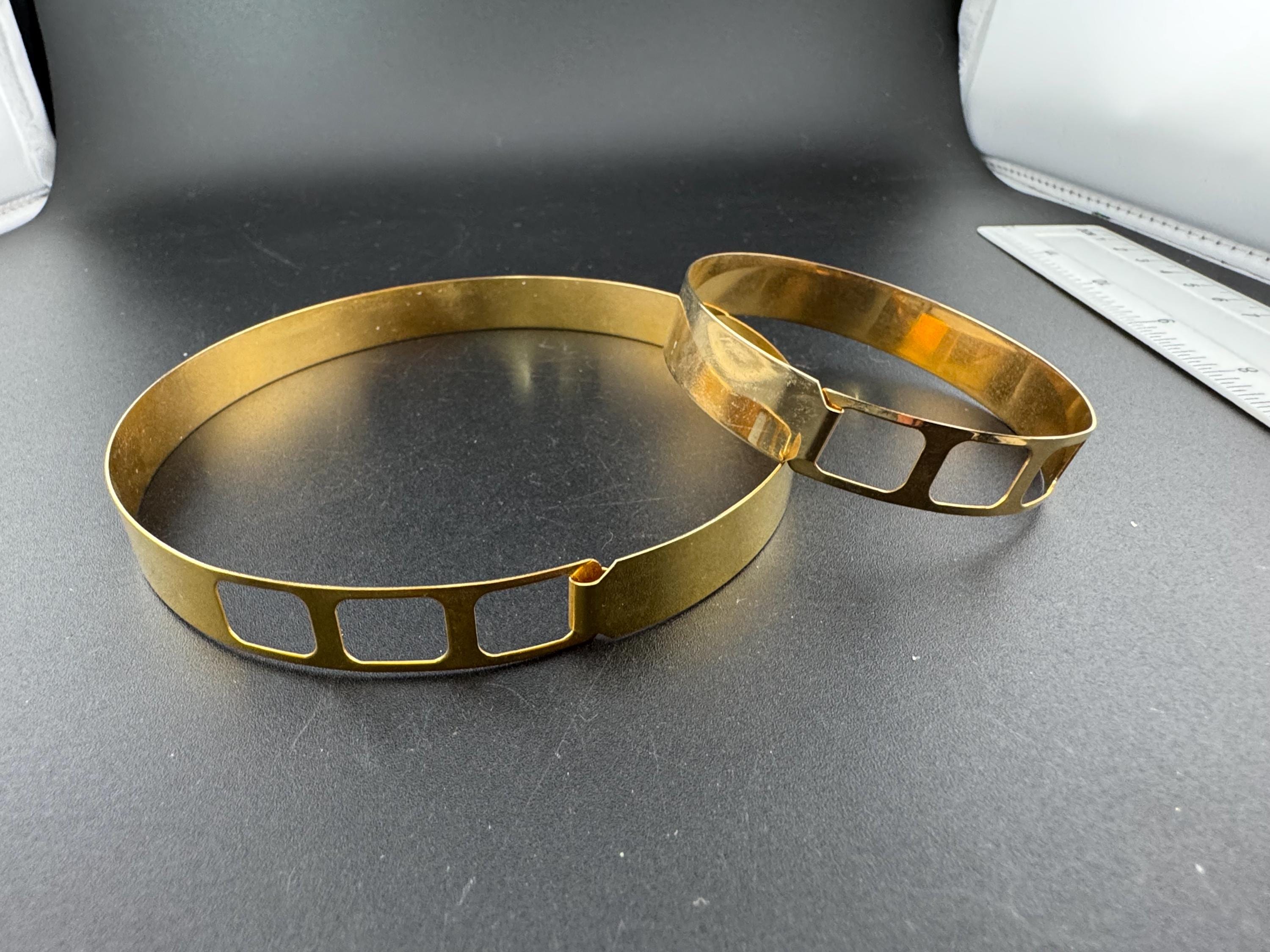 Vintage modernist gold brass openwork geometric choker necklace and matching cuff bracelet 1970s early 80s