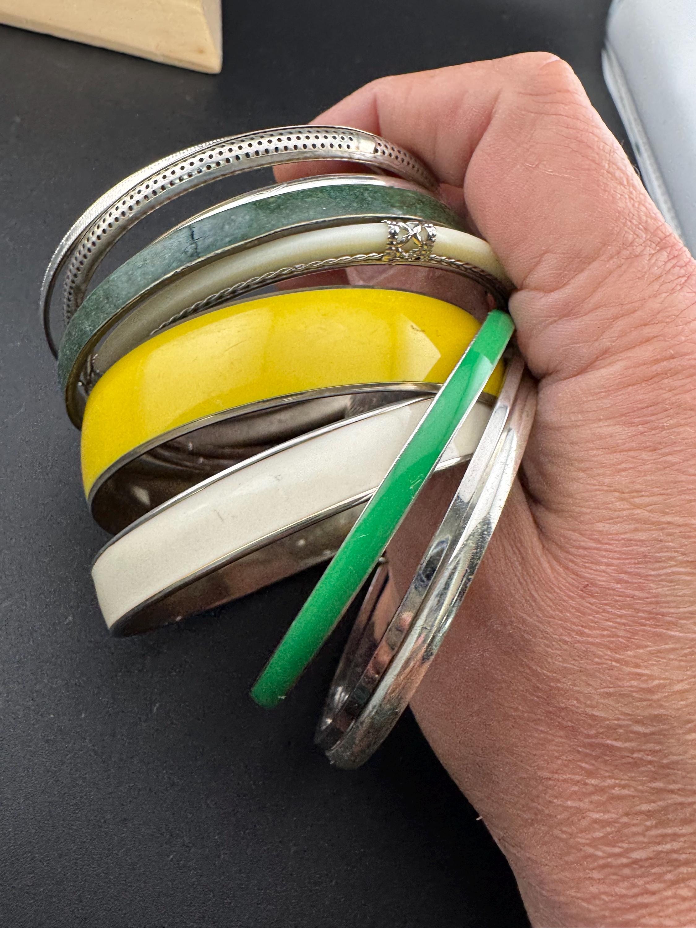 Silver yellow Green tones vintage job lot of stacking bangles Bangle stack eastern brass metal hippy boho festival bracelets Inc malachite