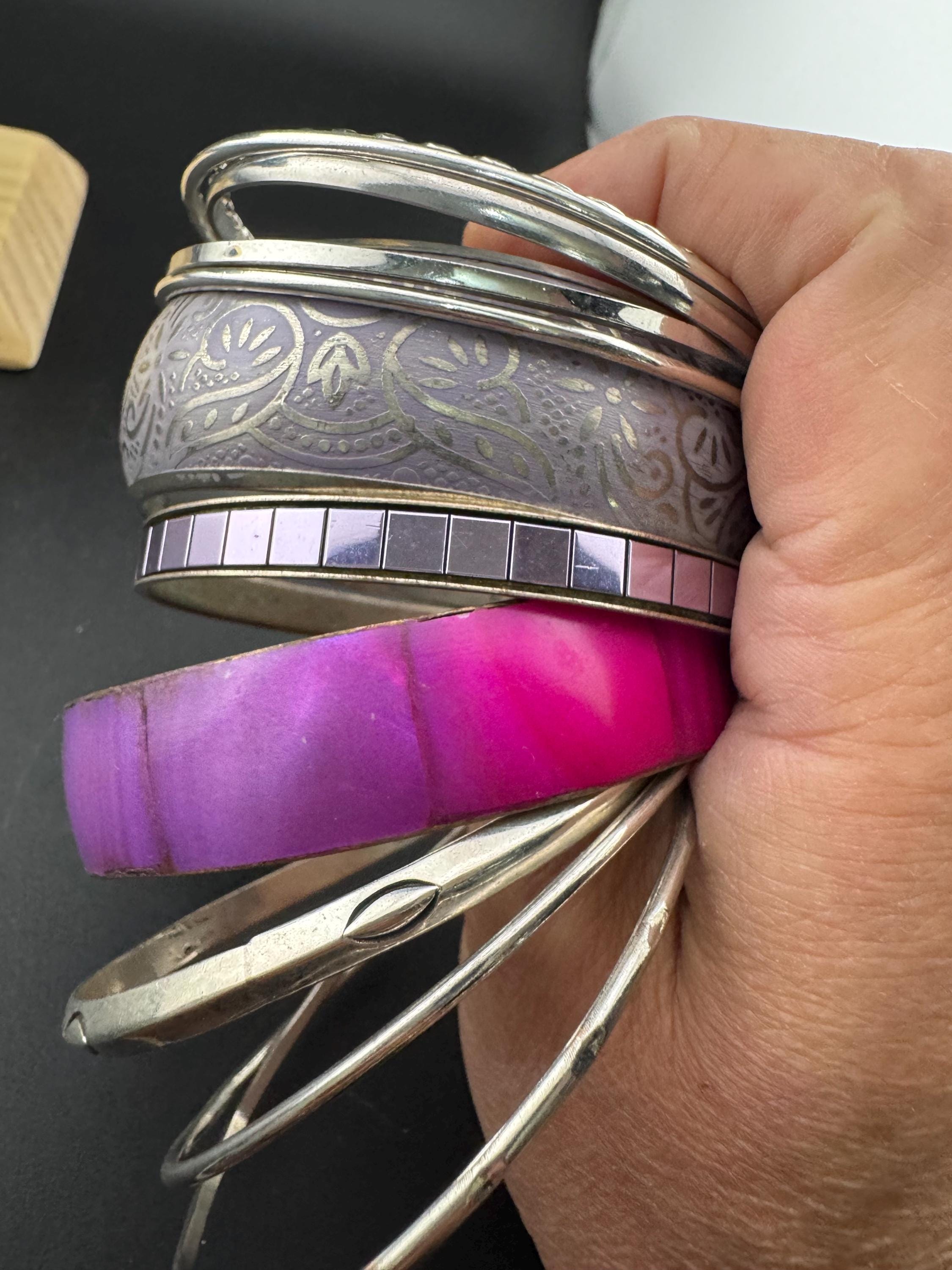 Silver purple and pink tones vintage job lot of stacking bangles Bangle stack eastern brass metal hippy boho festival bracelets