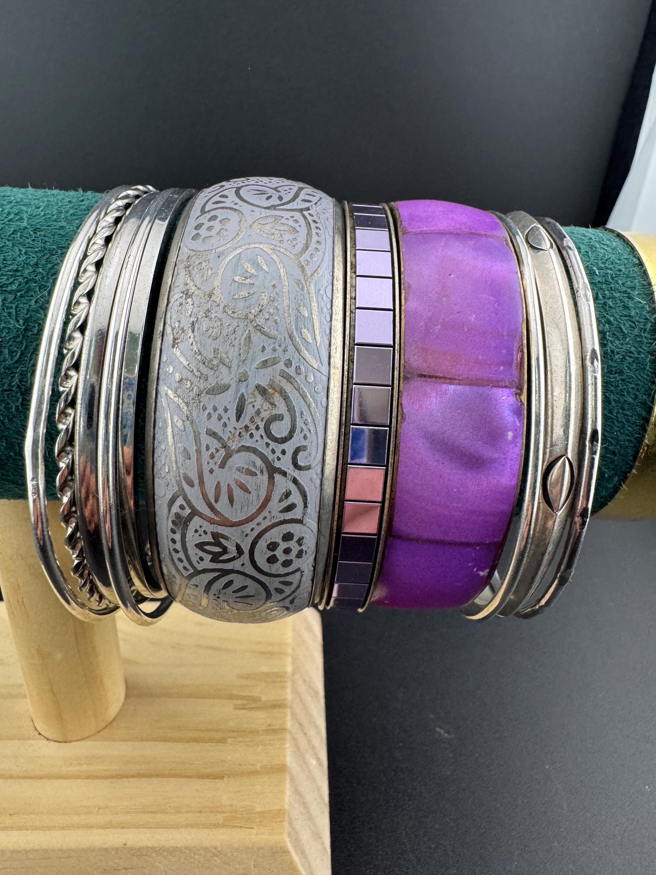 Silver purple and pink tones vintage job lot of stacking bangles Bangle stack eastern brass metal hippy boho festival bracelets