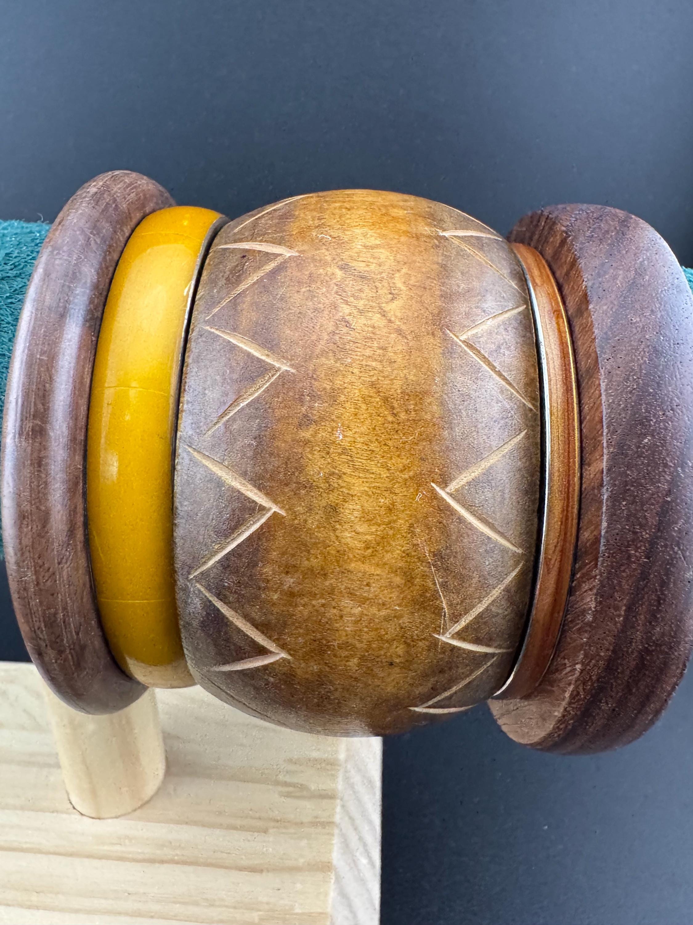 vintage curated stack of mixed brown wooden stacking bangles and ochre yellow enamel .. ideal boho festival bracelets