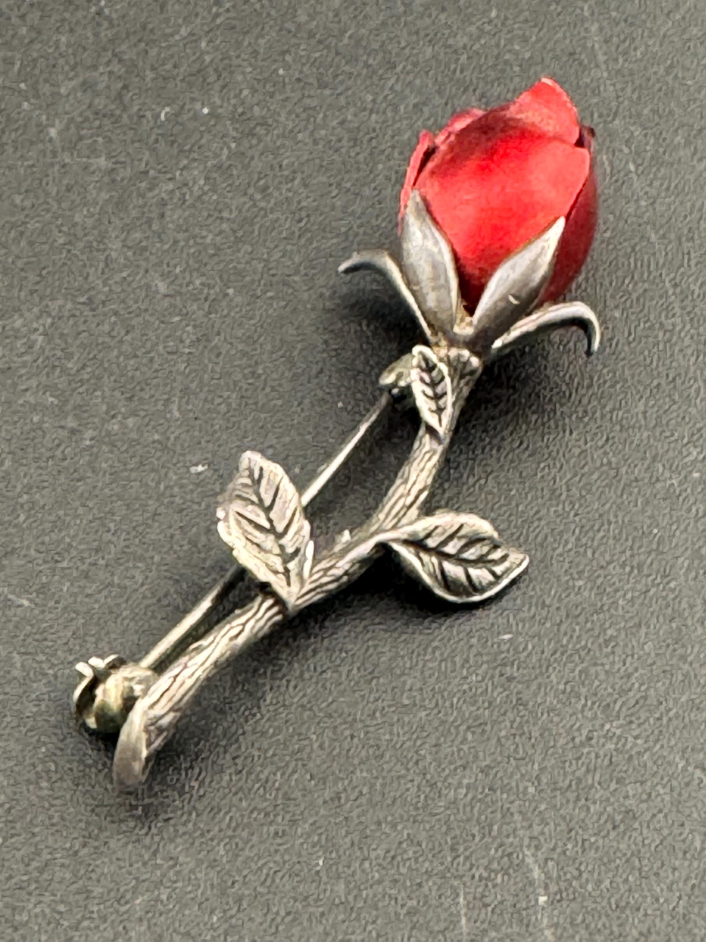 Vintage sterling 925 silver and red enamel rose bud floral brooch pin