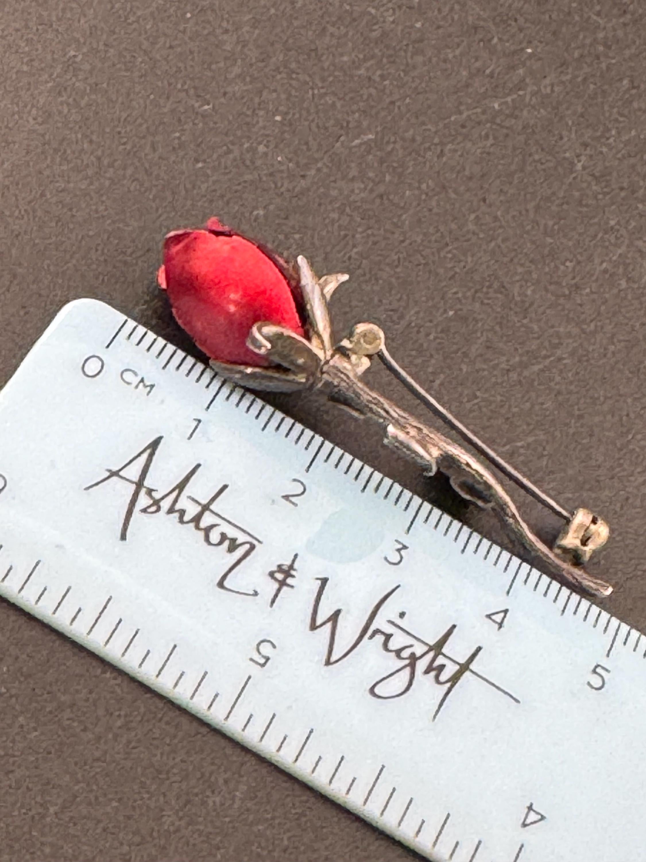 Vintage sterling 925 silver and red enamel rose bud floral brooch pin
