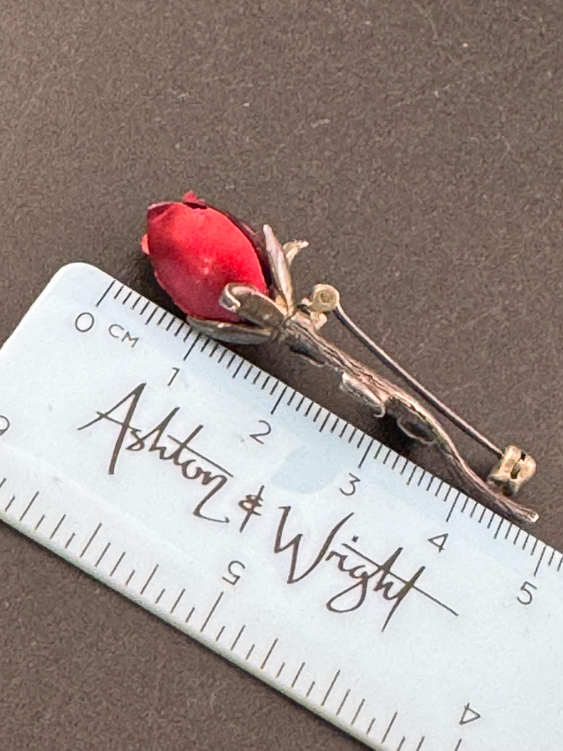Vintage sterling 925 silver and red enamel rose bud floral brooch pin