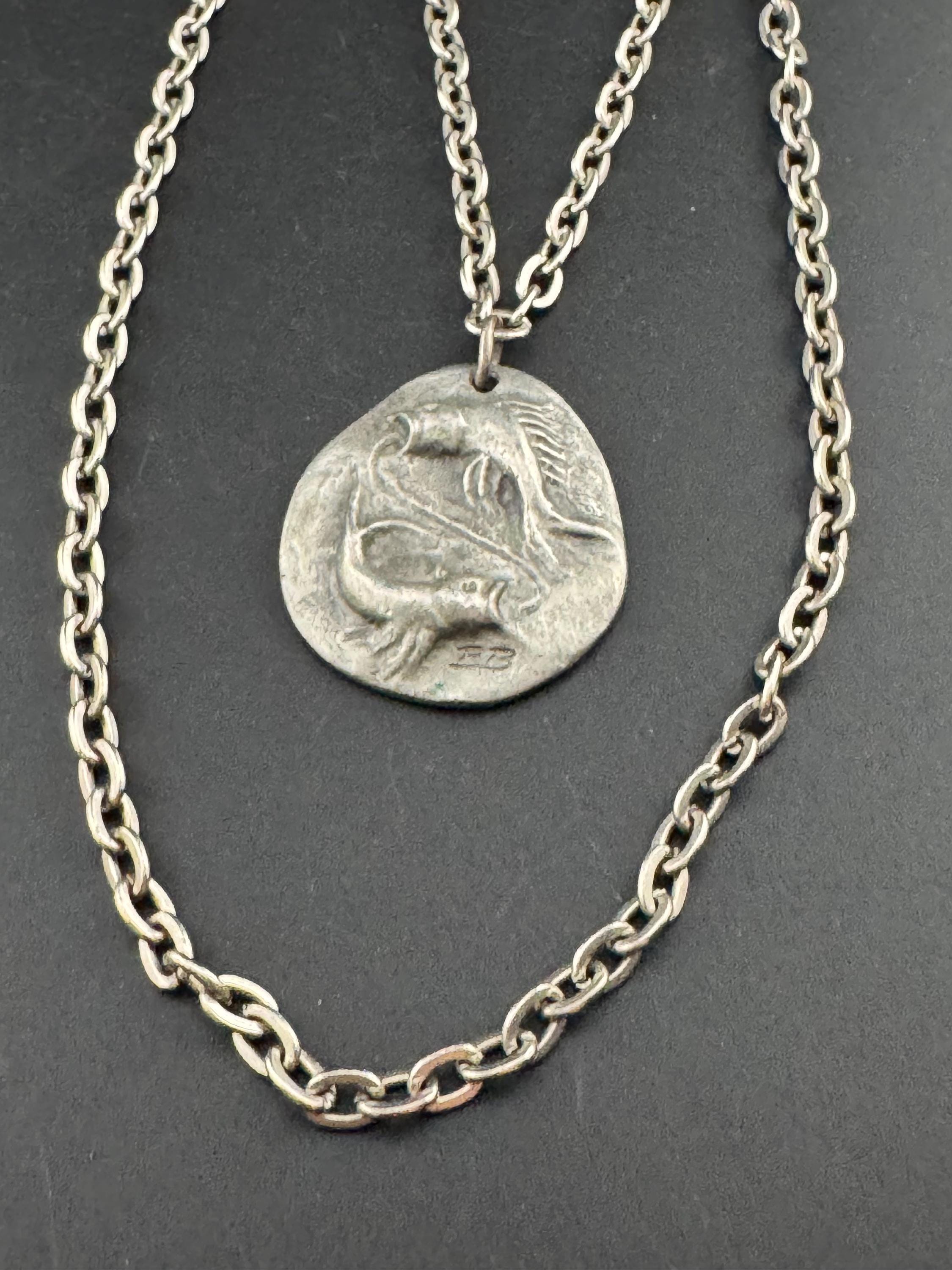 Signed RB Michael Ricker Vintage Modernist pewter double fish Pisces pendant on a 60cm chain