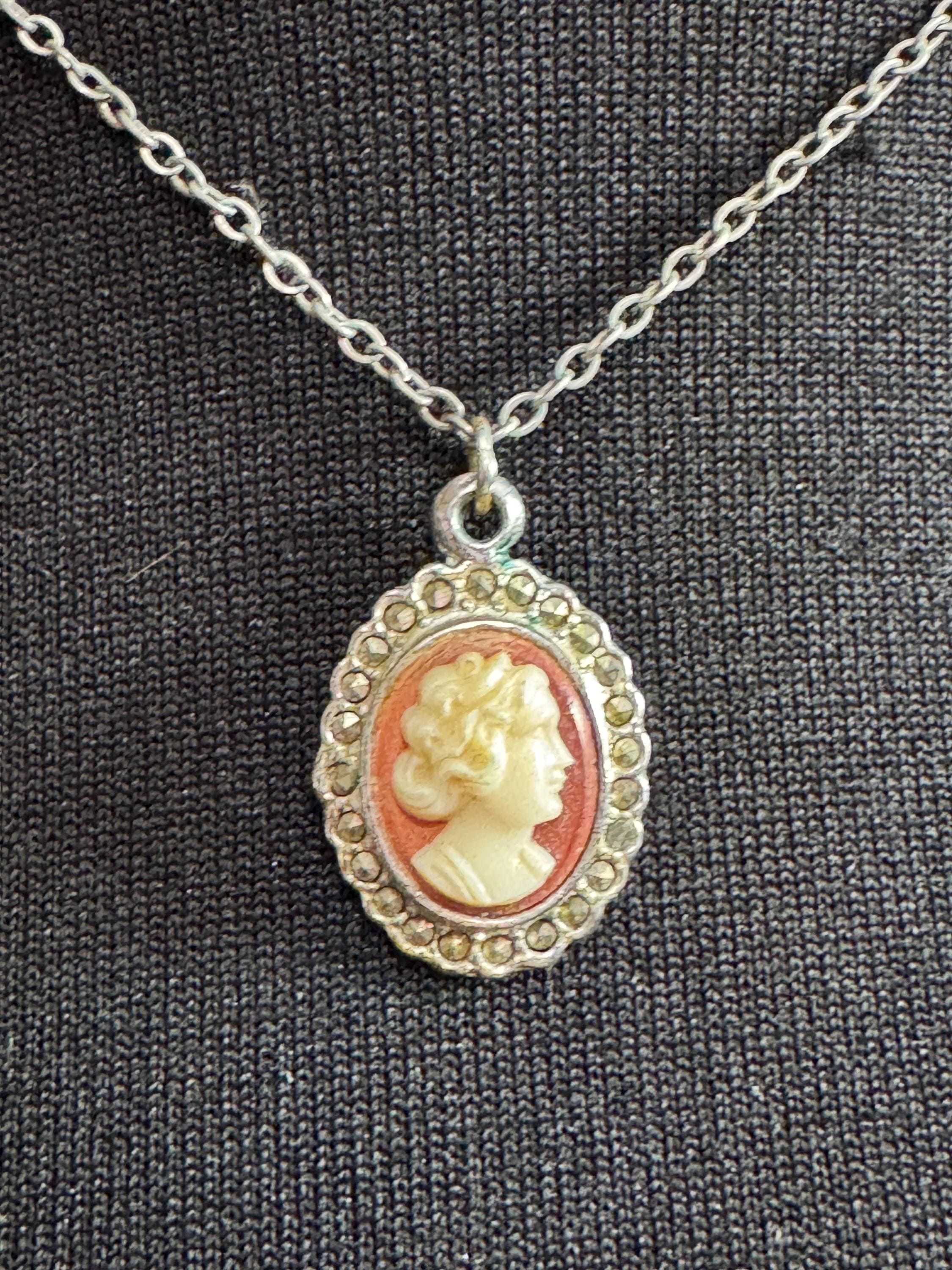 Vintage Small oval silver tone Carved shell cameo and marcasite dainty pendant necklace chain 1940s 1950s 1960s