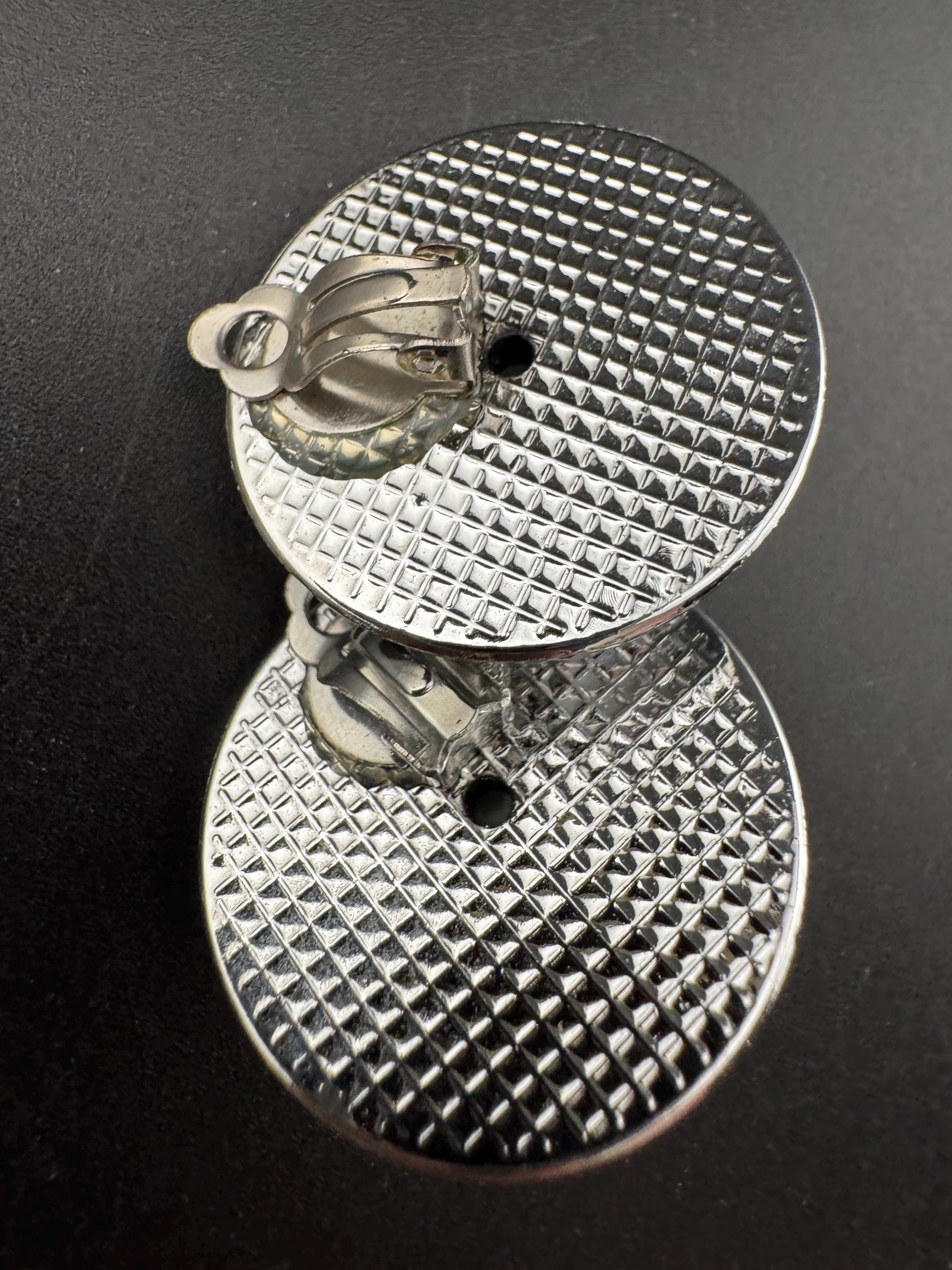 Vintage silver tone metal 2.5cm round clip on domed earrings with central faux grey blue faux pearl cabochons