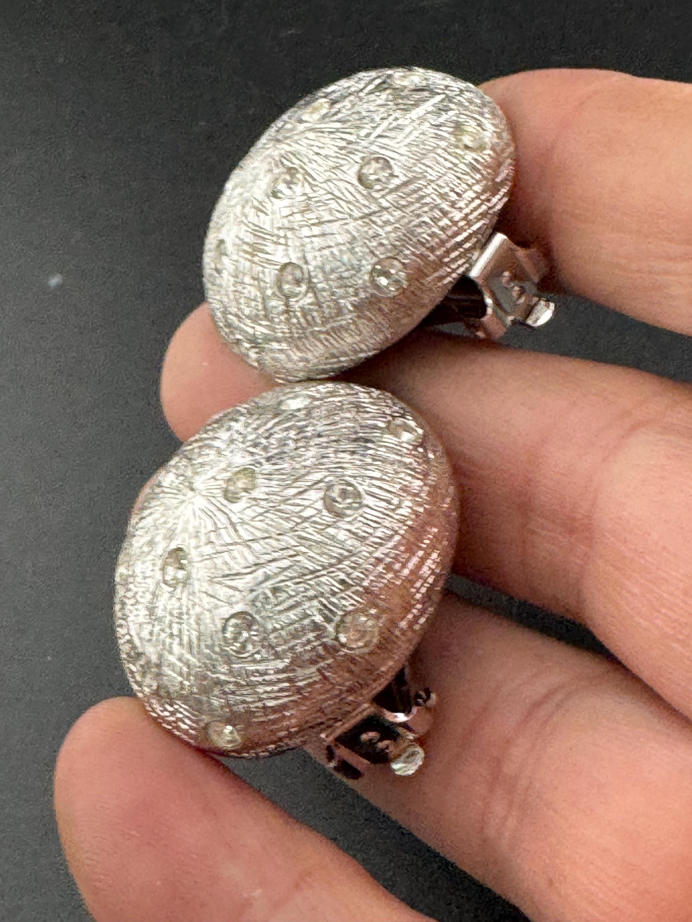 Vintage silver tone clear diamanté paste textured metal stud domed clip on earrings, high end