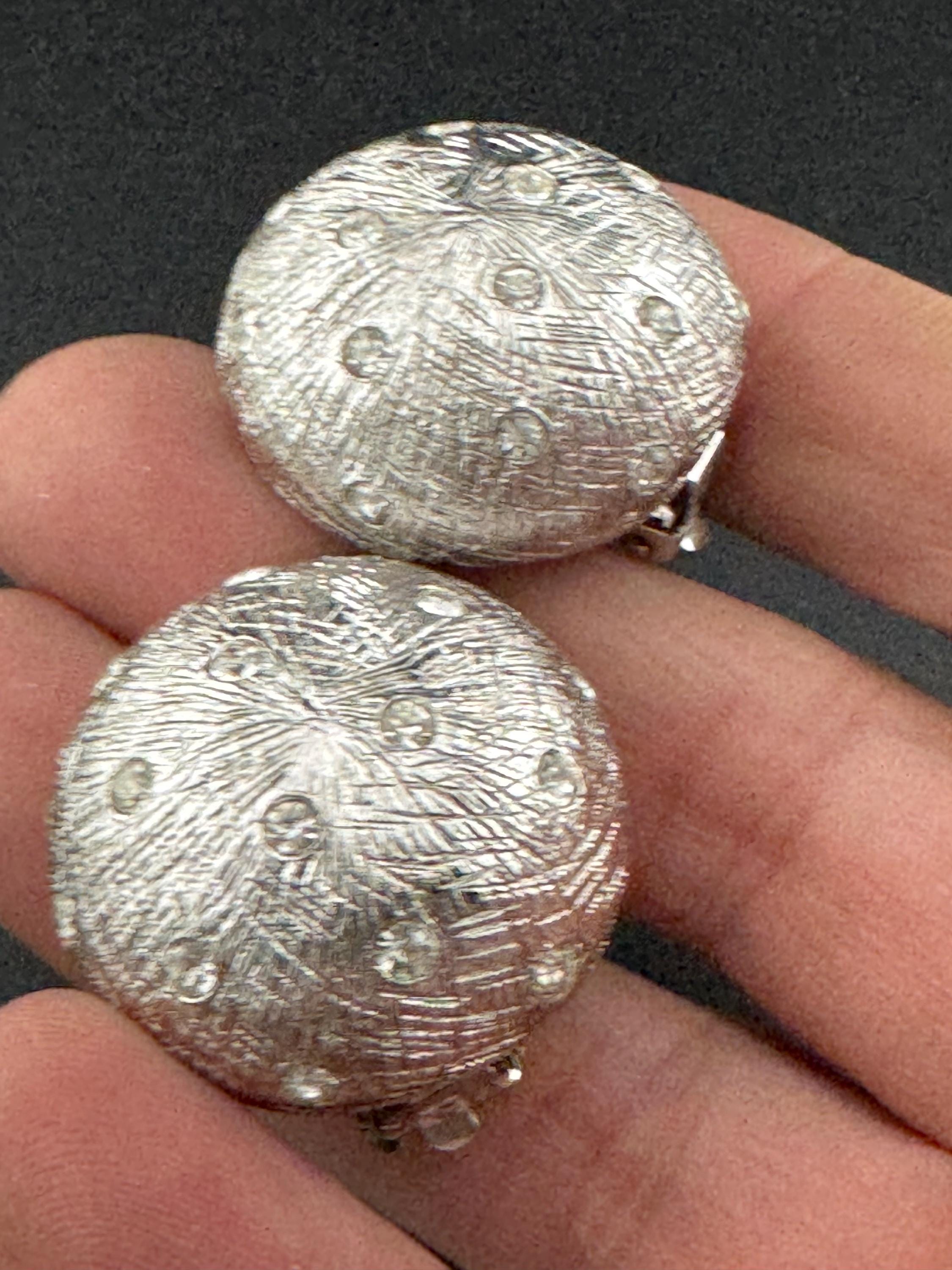 Vintage silver tone clear diamanté paste textured metal stud domed clip on earrings, high end