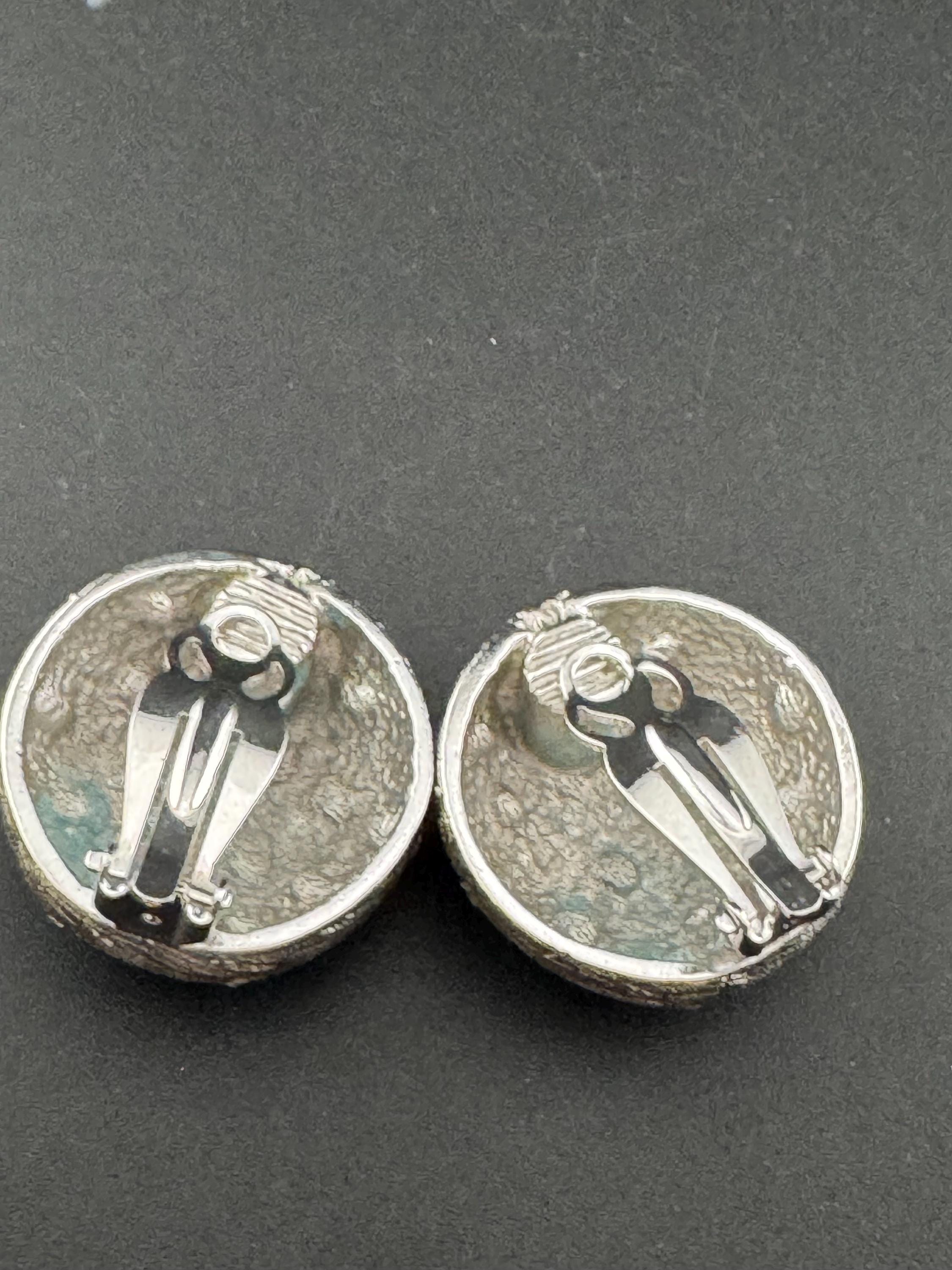 Vintage silver tone clear diamanté paste textured metal stud domed clip on earrings, high end