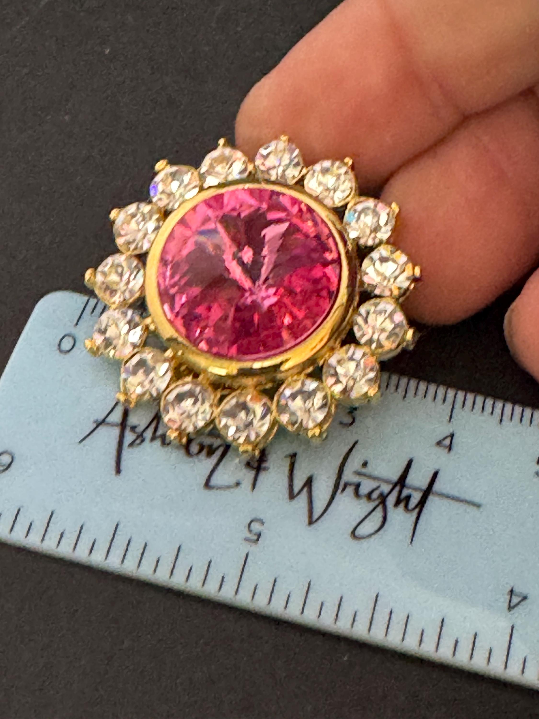 oversized 3.5cm gold tone pink glass Rivoli and clear Swarovski crystal round stud earrings 1980s old shop stock