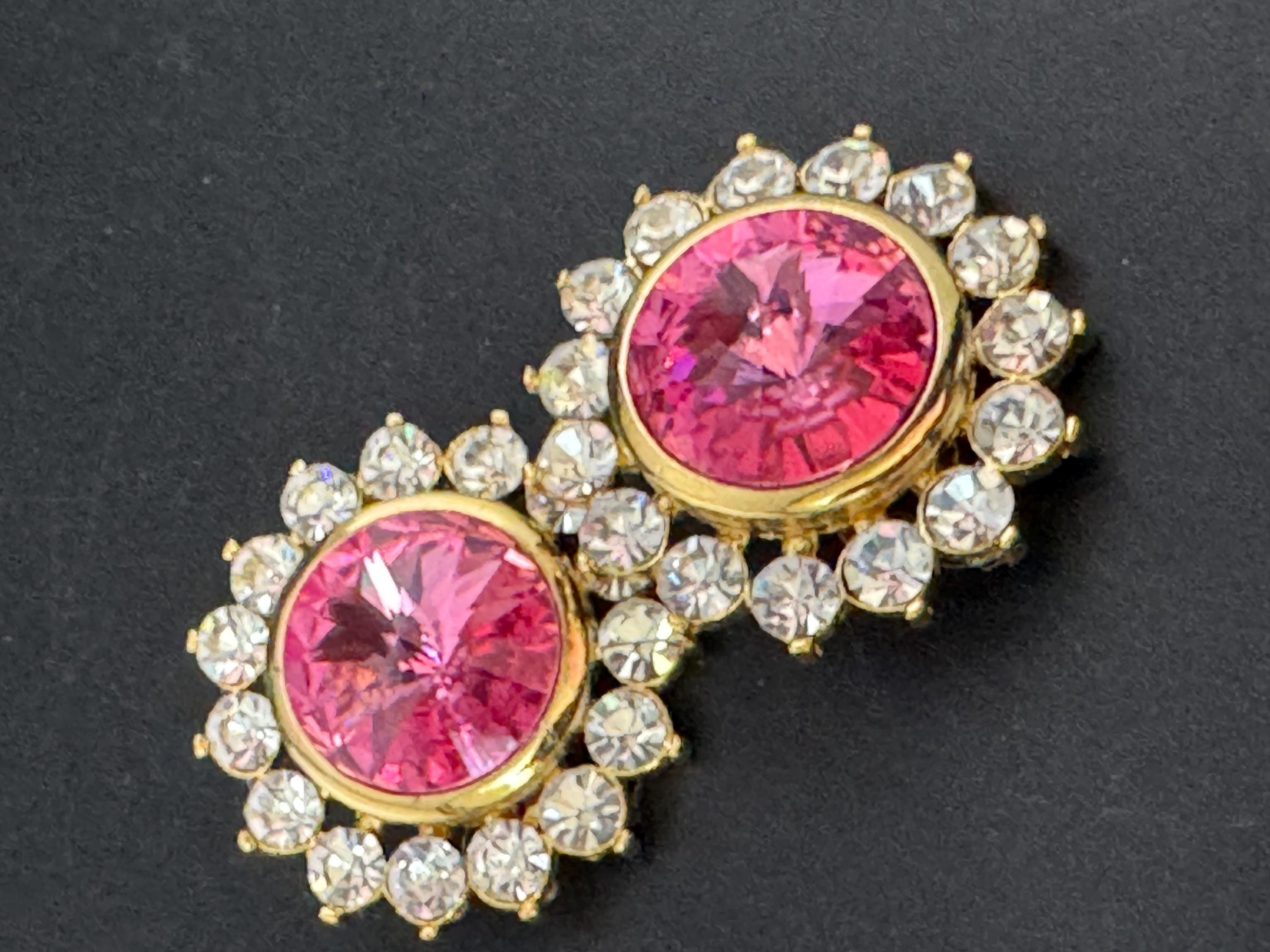 oversized 3.5cm gold tone pink glass Rivoli and clear Swarovski crystal round stud earrings 1980s old shop stock