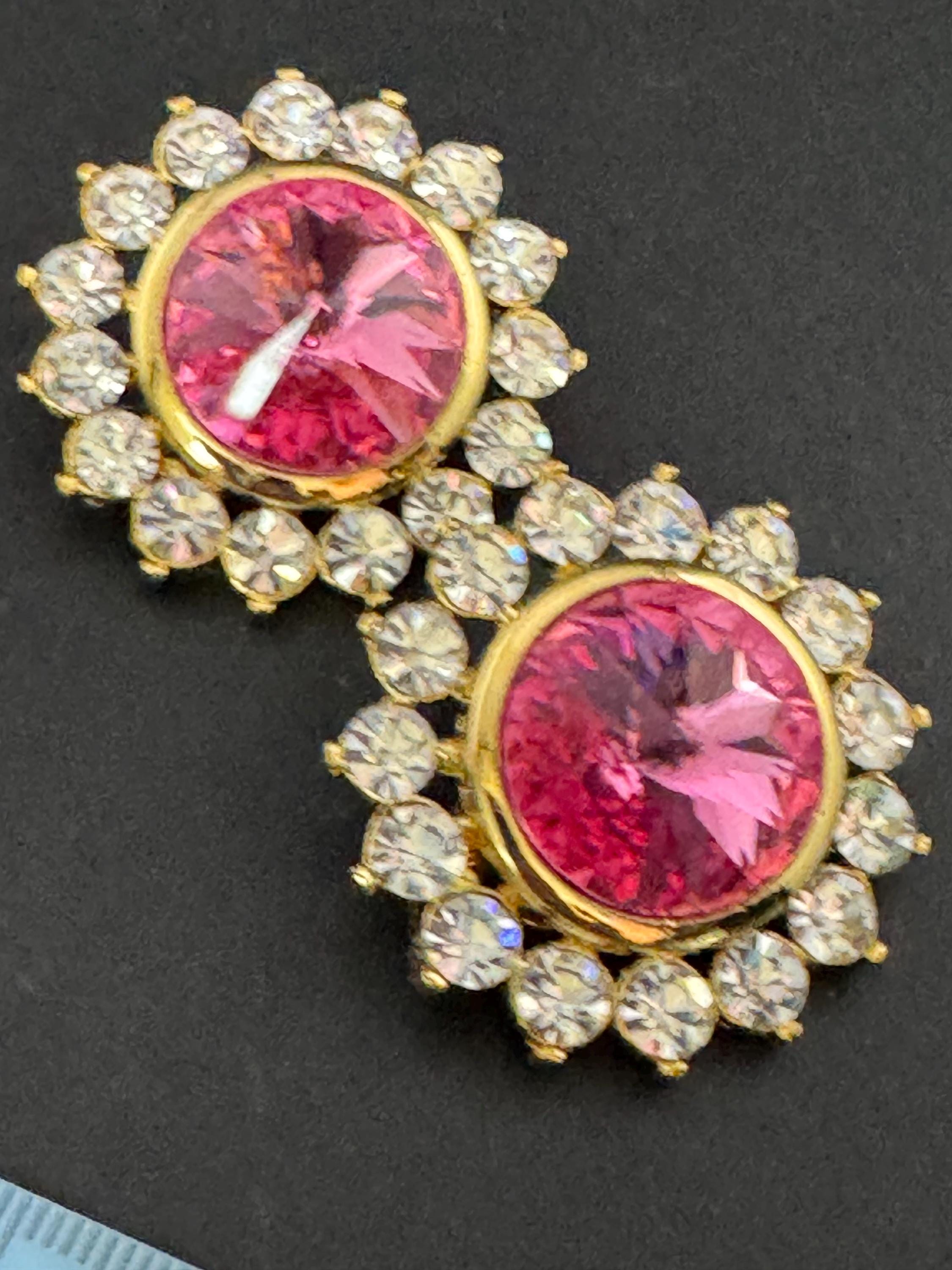 oversized 3.5cm gold tone pink glass Rivoli and clear Swarovski crystal round stud earrings 1980s old shop stock