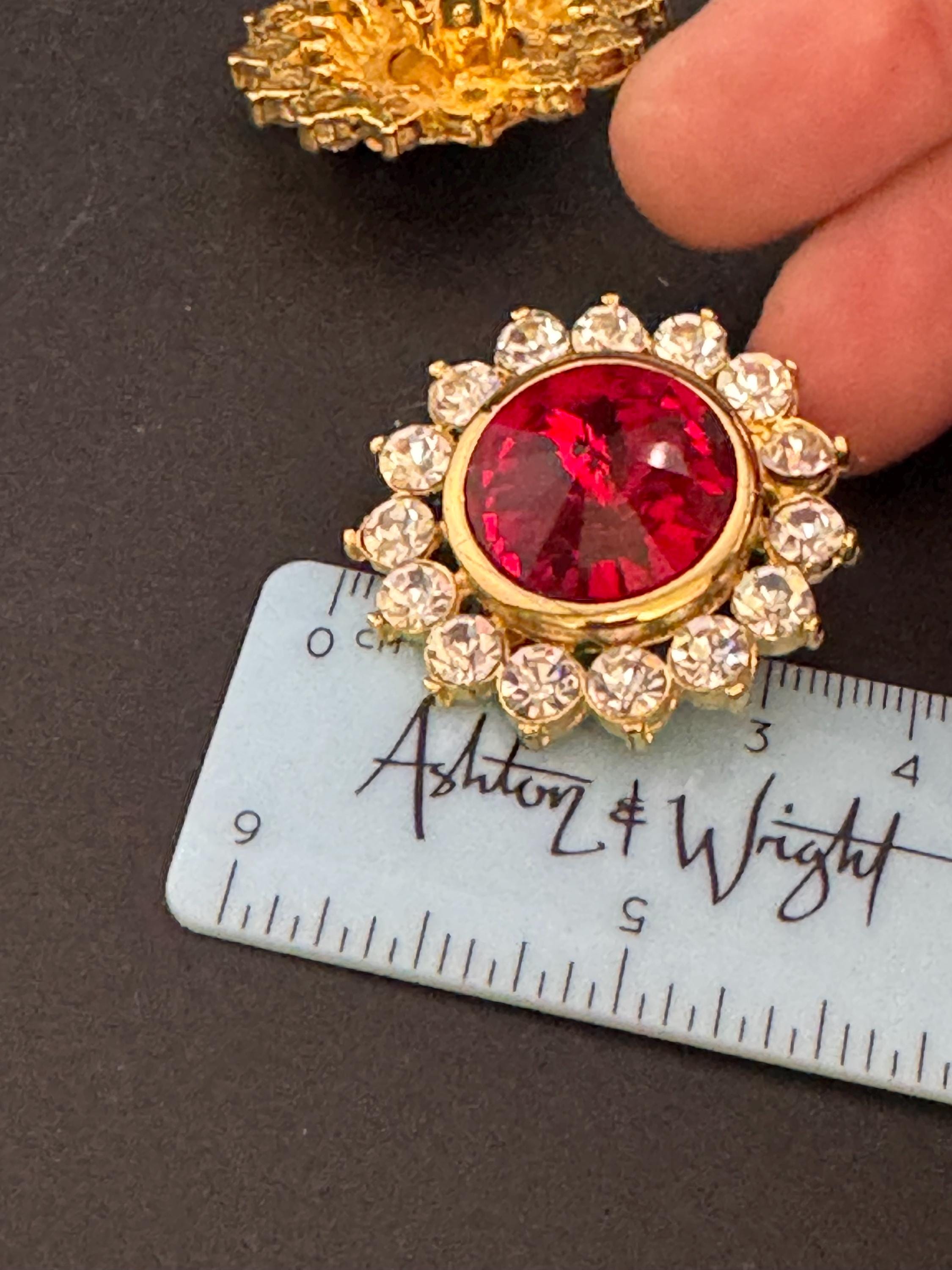 oversized 3.5cm gold tone ruby red glass Rivoli and clear Swarovski crystal round stud earrings 1980s old shop stock