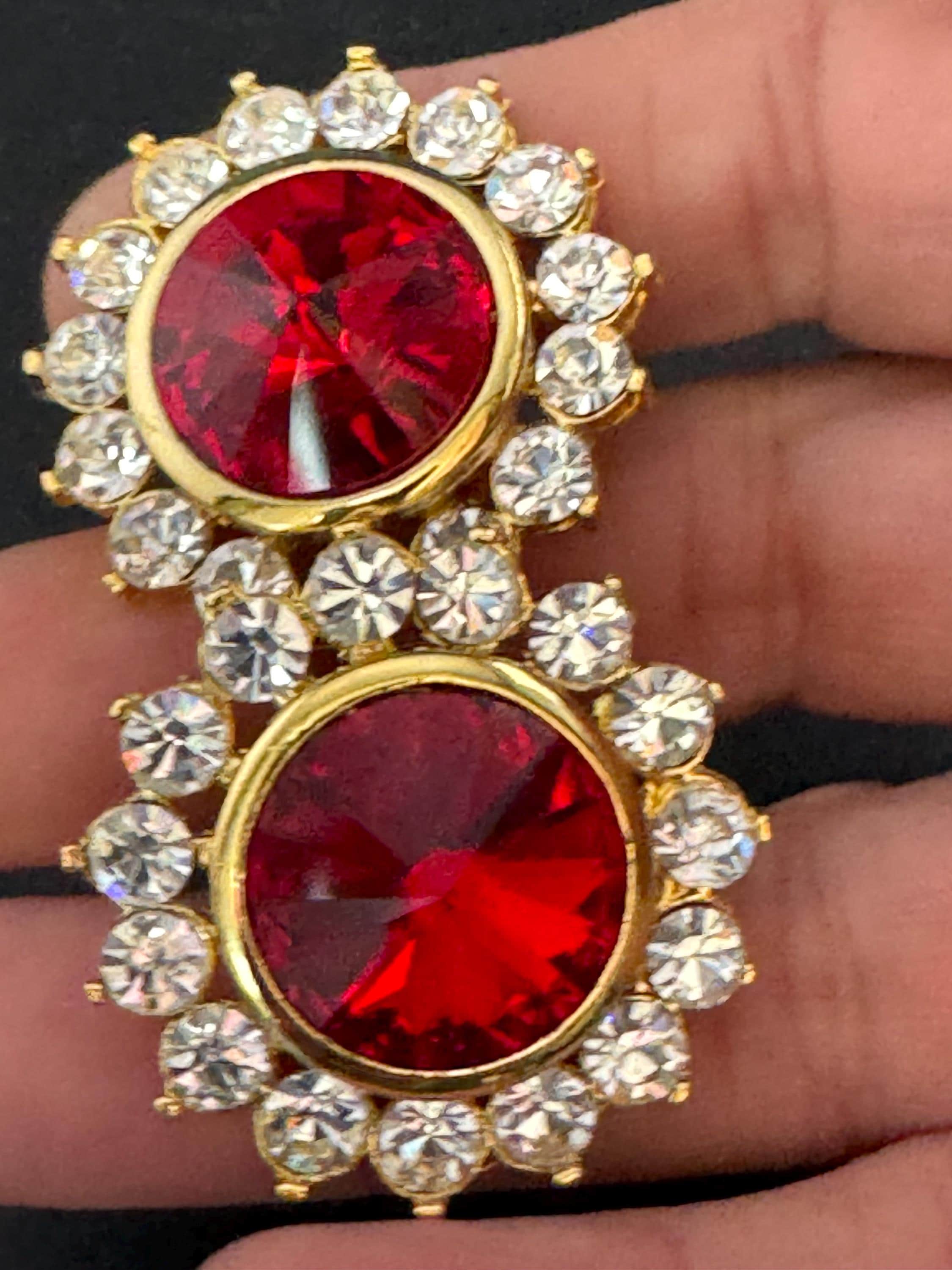 oversized 3.5cm gold tone ruby red glass Rivoli and clear Swarovski crystal round stud earrings 1980s old shop stock