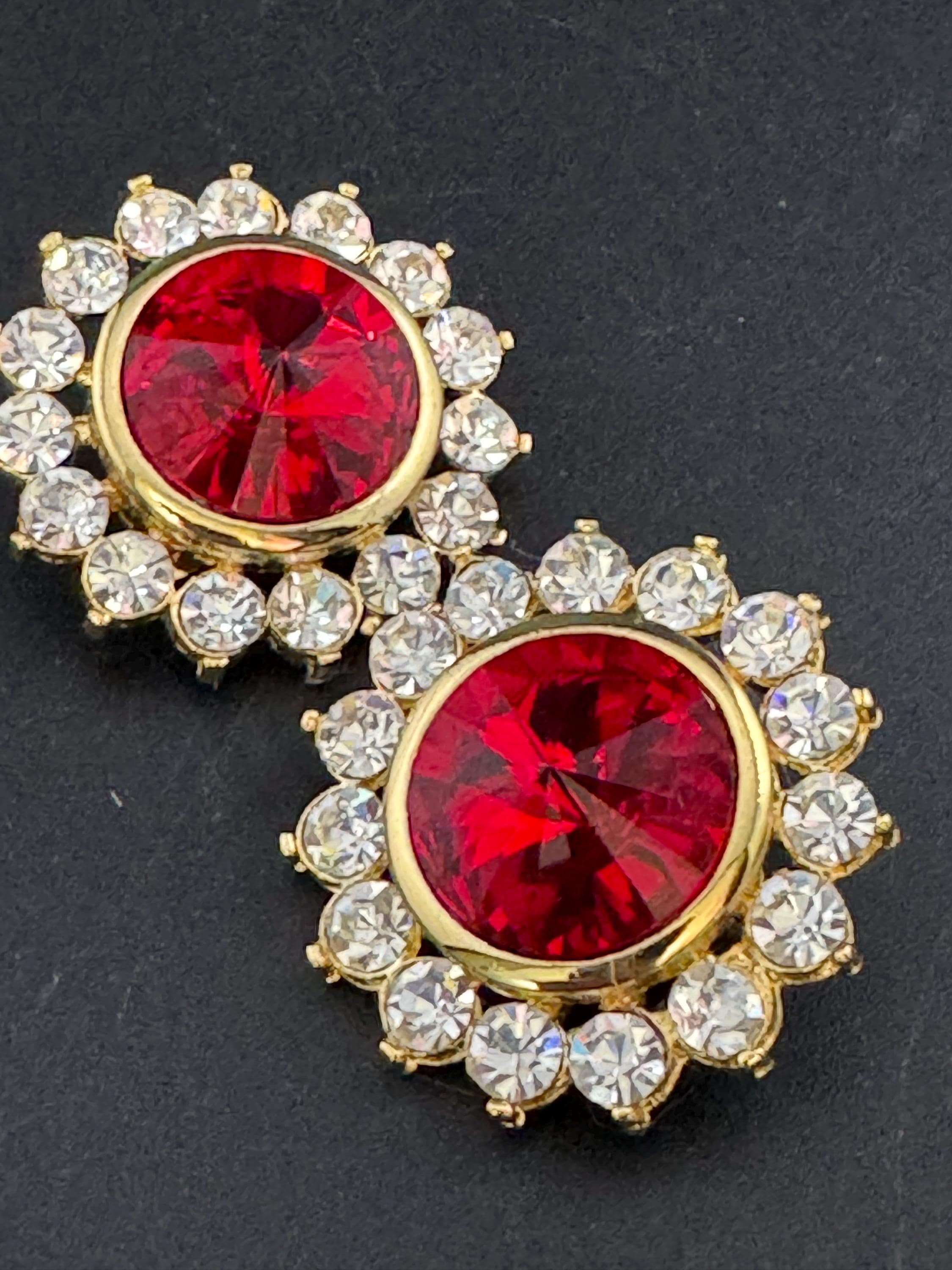 oversized 3.5cm gold tone ruby red glass Rivoli and clear Swarovski crystal round stud earrings 1980s old shop stock