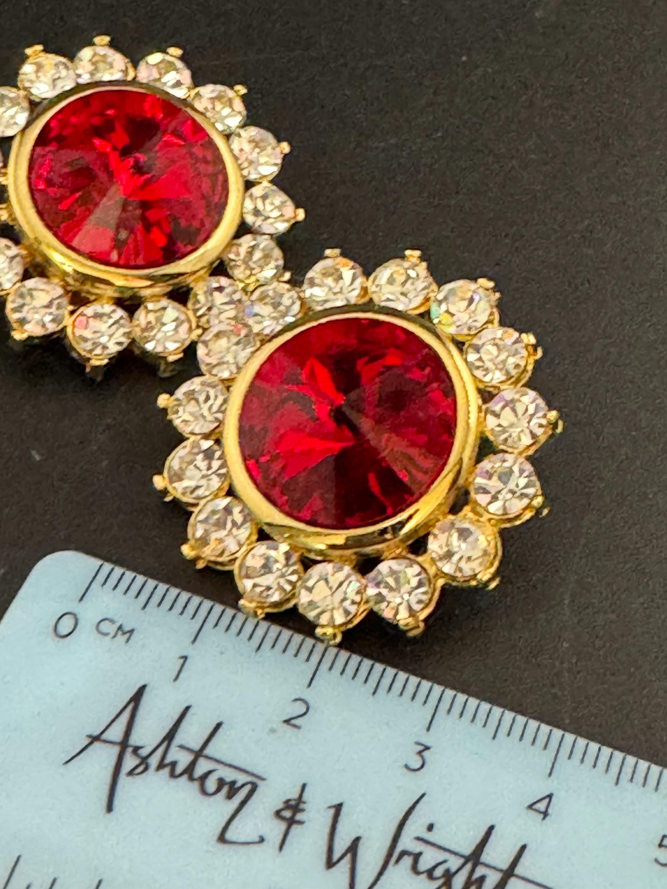 oversized 3.5cm gold tone ruby red glass Rivoli and clear Swarovski crystal round stud earrings 1980s old shop stock