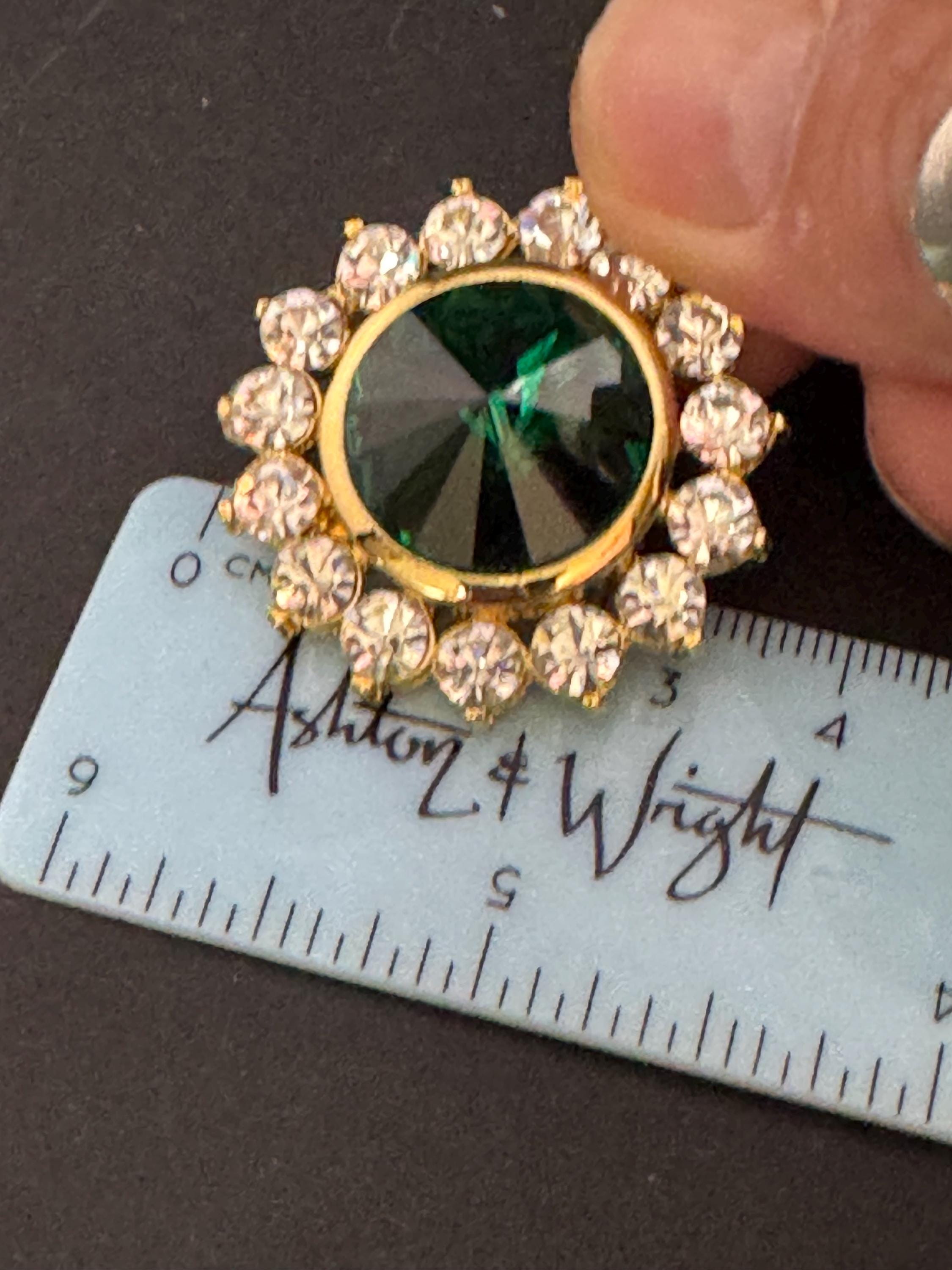 oversized 3.5cm gold tone emerald green glass Rivoli and clear Swarovski crystal round stud earrings 1980s old shop stock