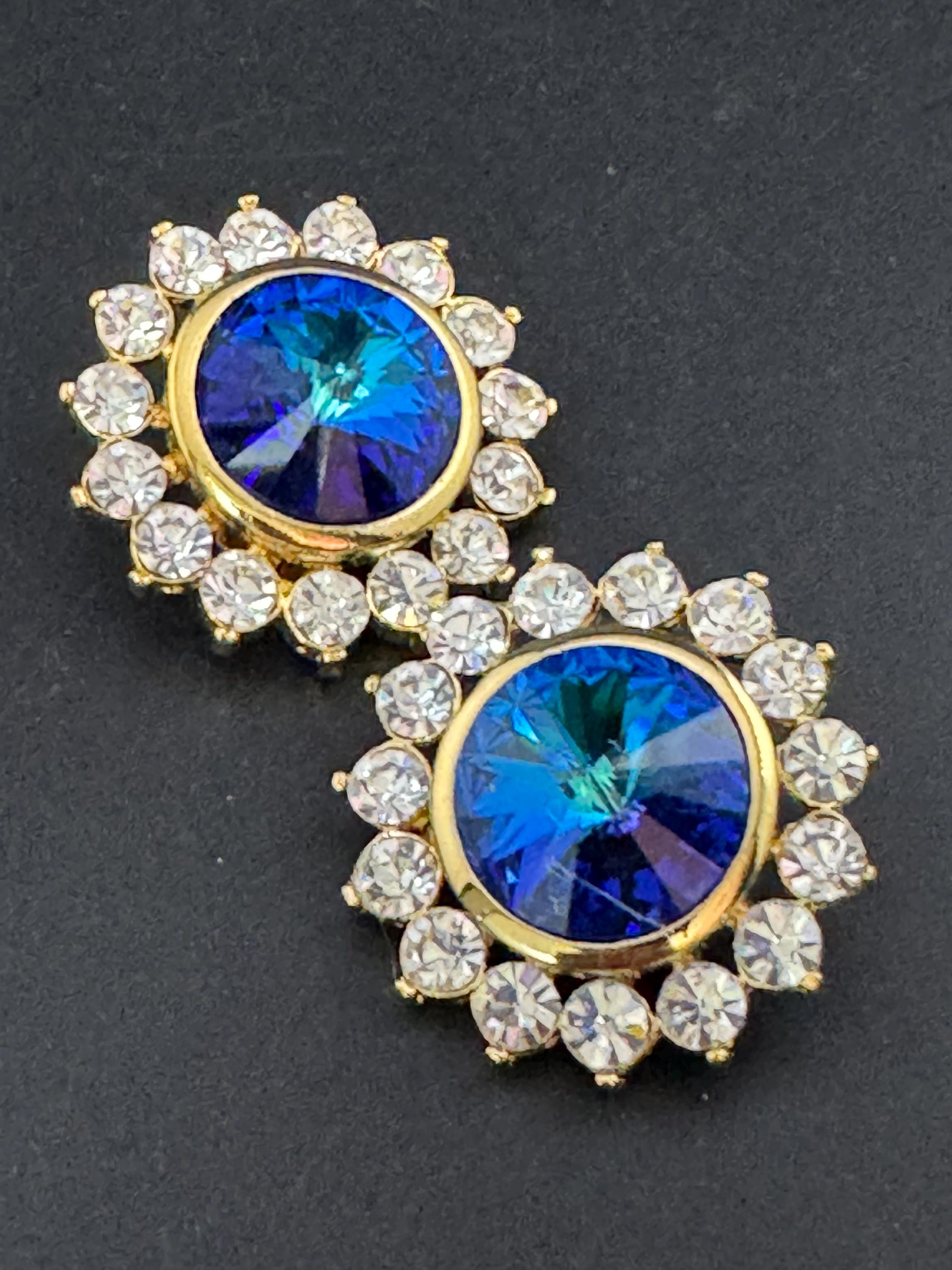 oversized 3.5cm gold tone sapphire blue glass Rivoli and clear Swarovski crystal round stud earrings 1980s old shop stock