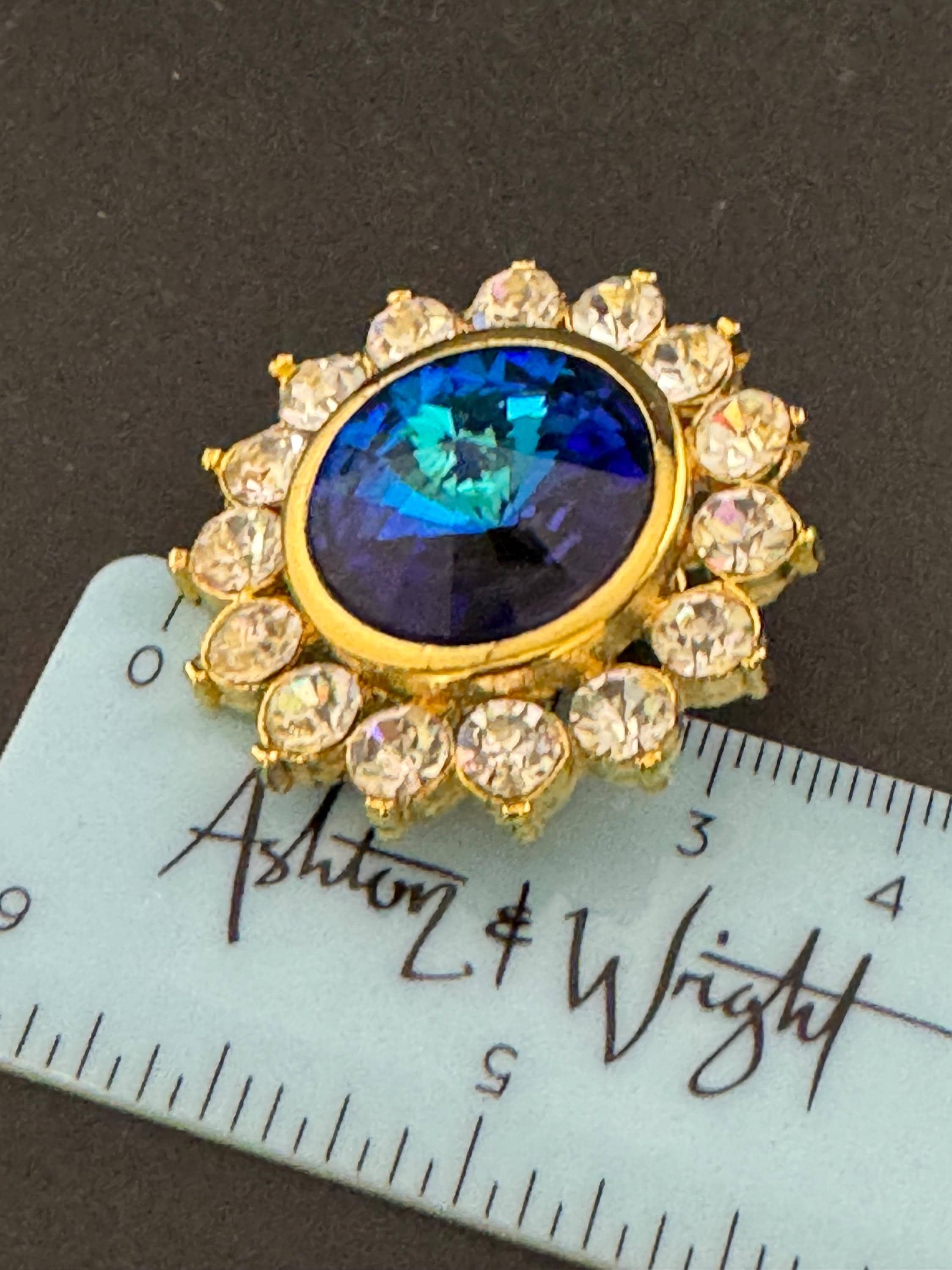 oversized 3.5cm gold tone sapphire blue glass Rivoli and clear Swarovski crystal round stud earrings 1980s old shop stock