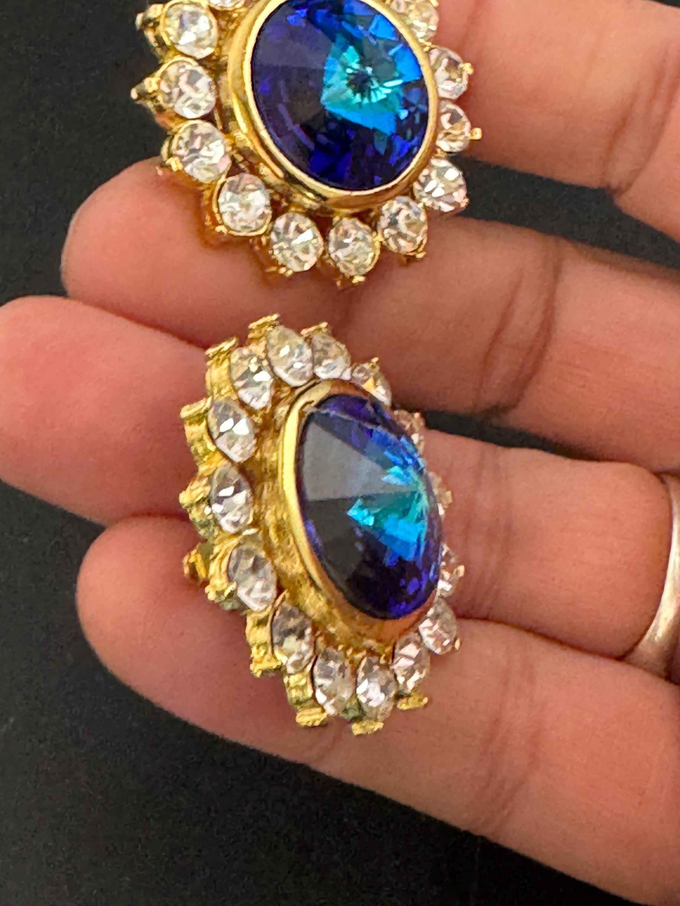 oversized 3.5cm gold tone sapphire blue glass Rivoli and clear Swarovski crystal round stud earrings 1980s old shop stock