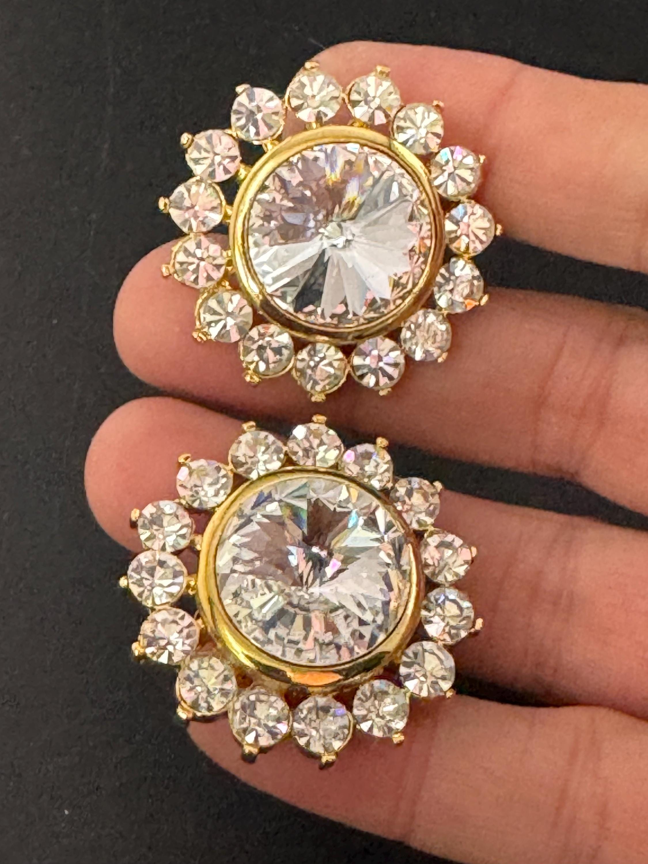 vintage oversized 3.5cm gold tone clear glass Rivoli and Swarovski crystal round stud earrings 1980s old shop stock