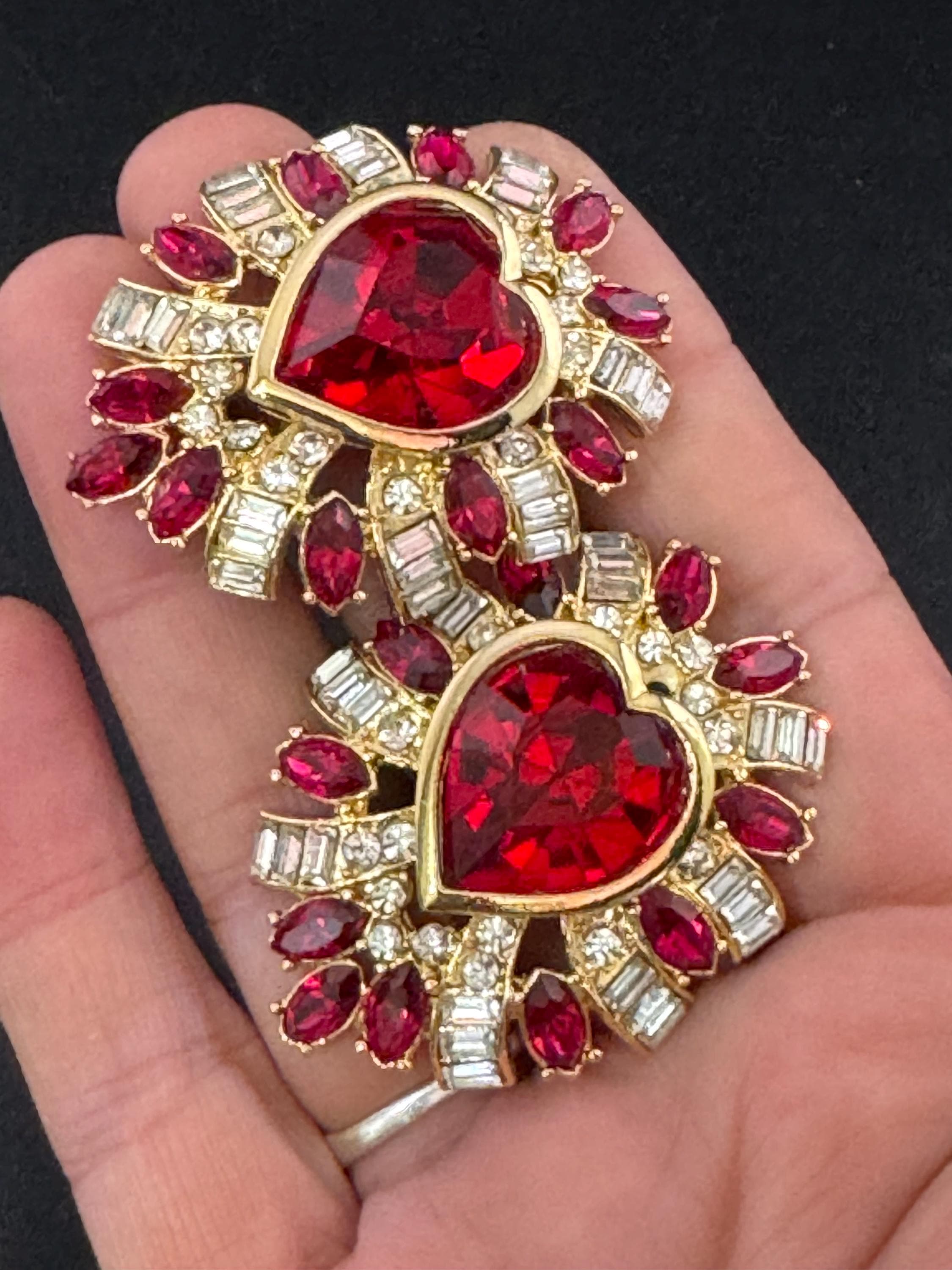 vintage oversized 5cm gold tone ruby red and and clear Swarovski crystal love heart earrings 1980s