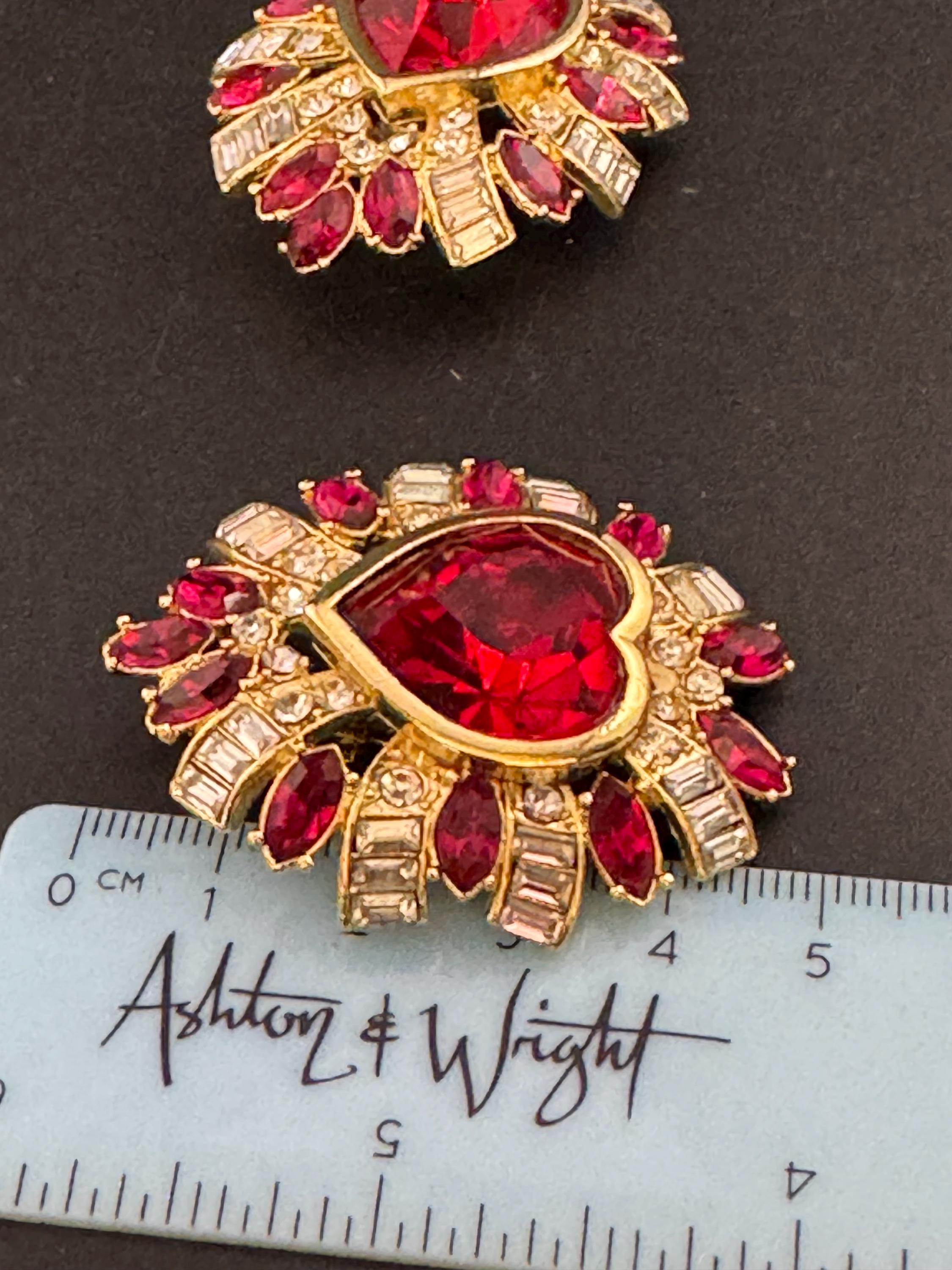 vintage oversized 5cm gold tone ruby red and and clear Swarovski crystal love heart earrings 1980s