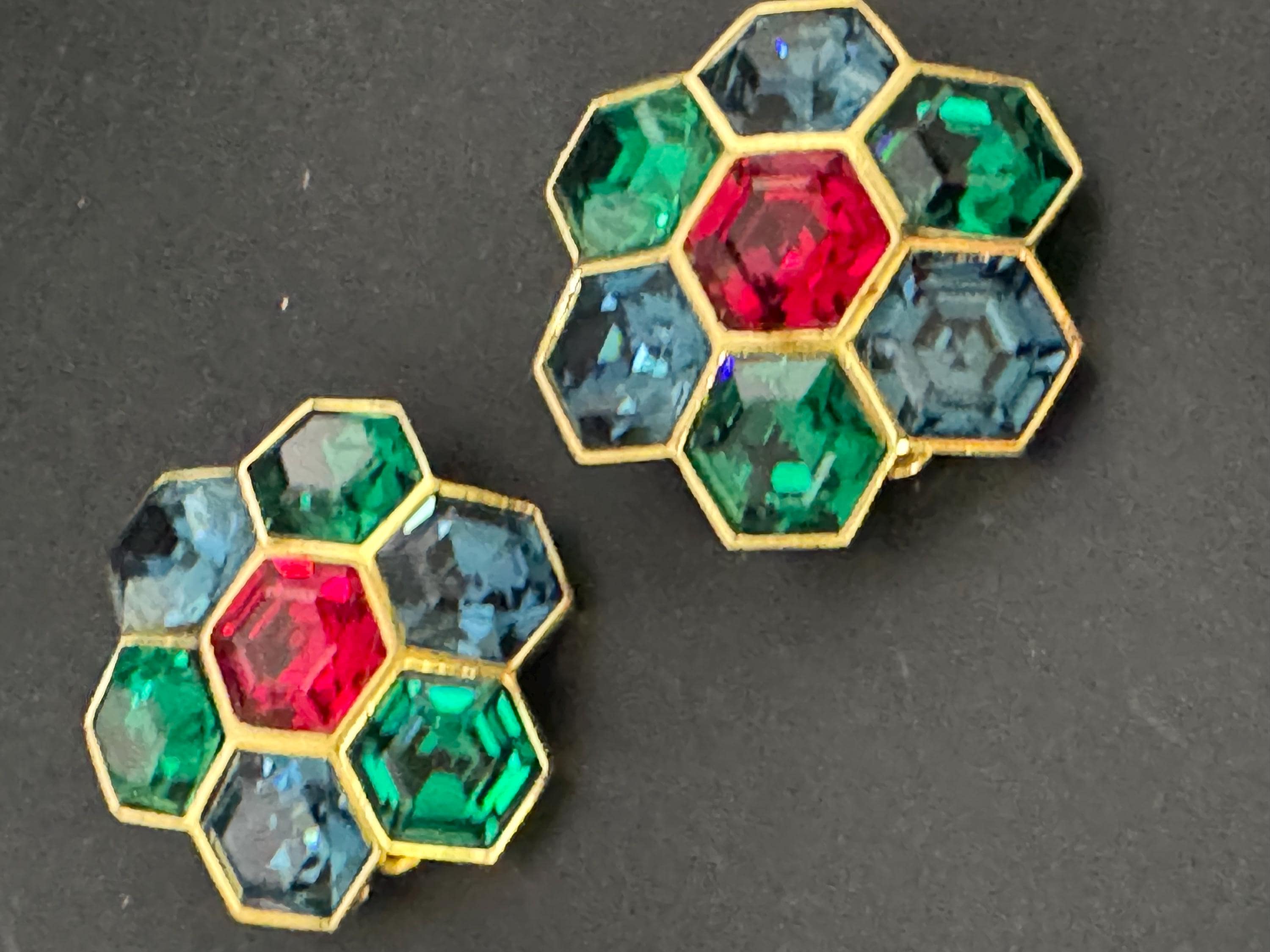 vintage oversized 4cm gold tone red blue green and clear Swarovski crystal hexagon earrings 1980s high end old shop stock