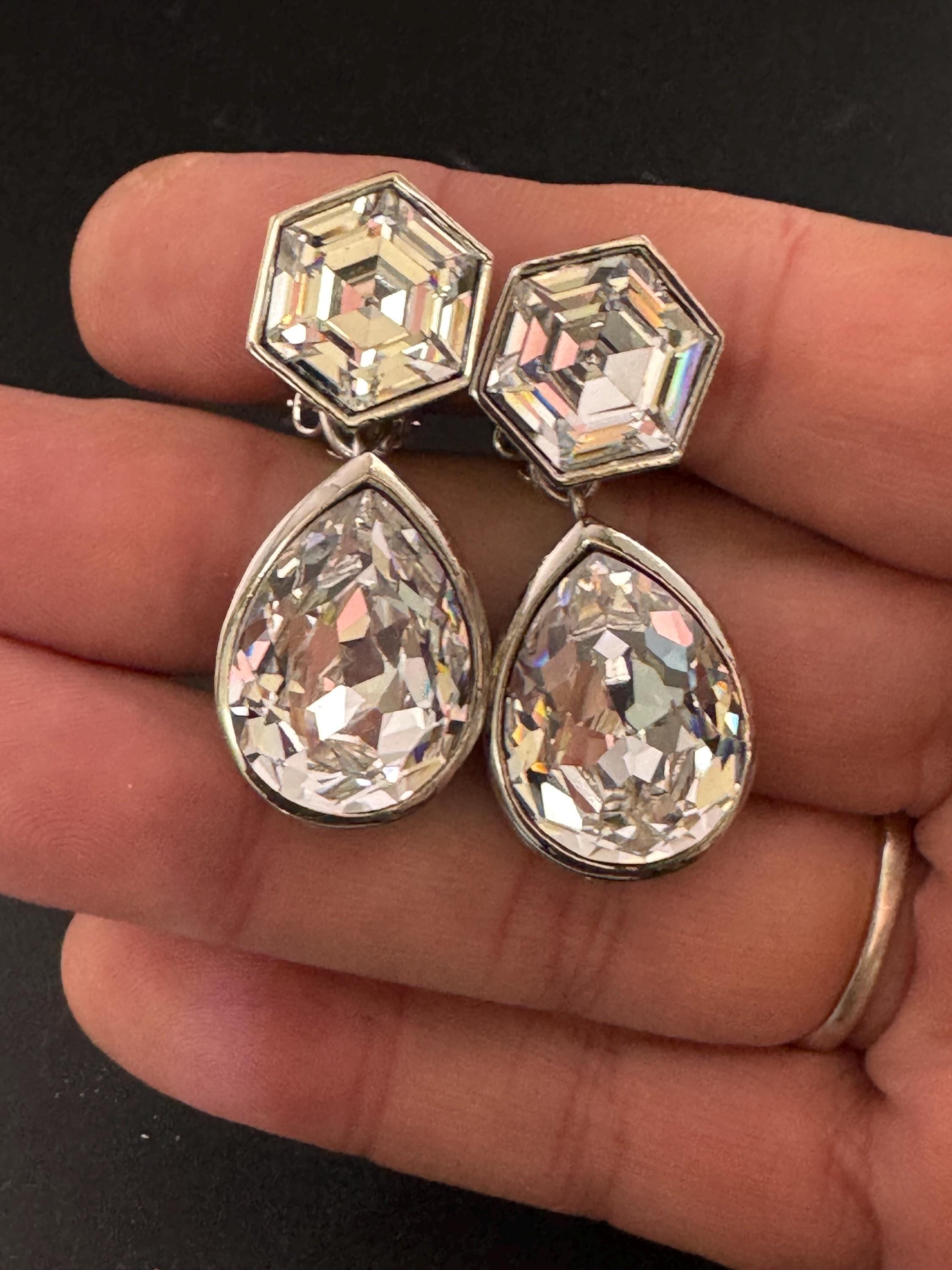 vintage silver tone clear headshot. Swarovski crystal love heart dangly teardrop earrings 1980s