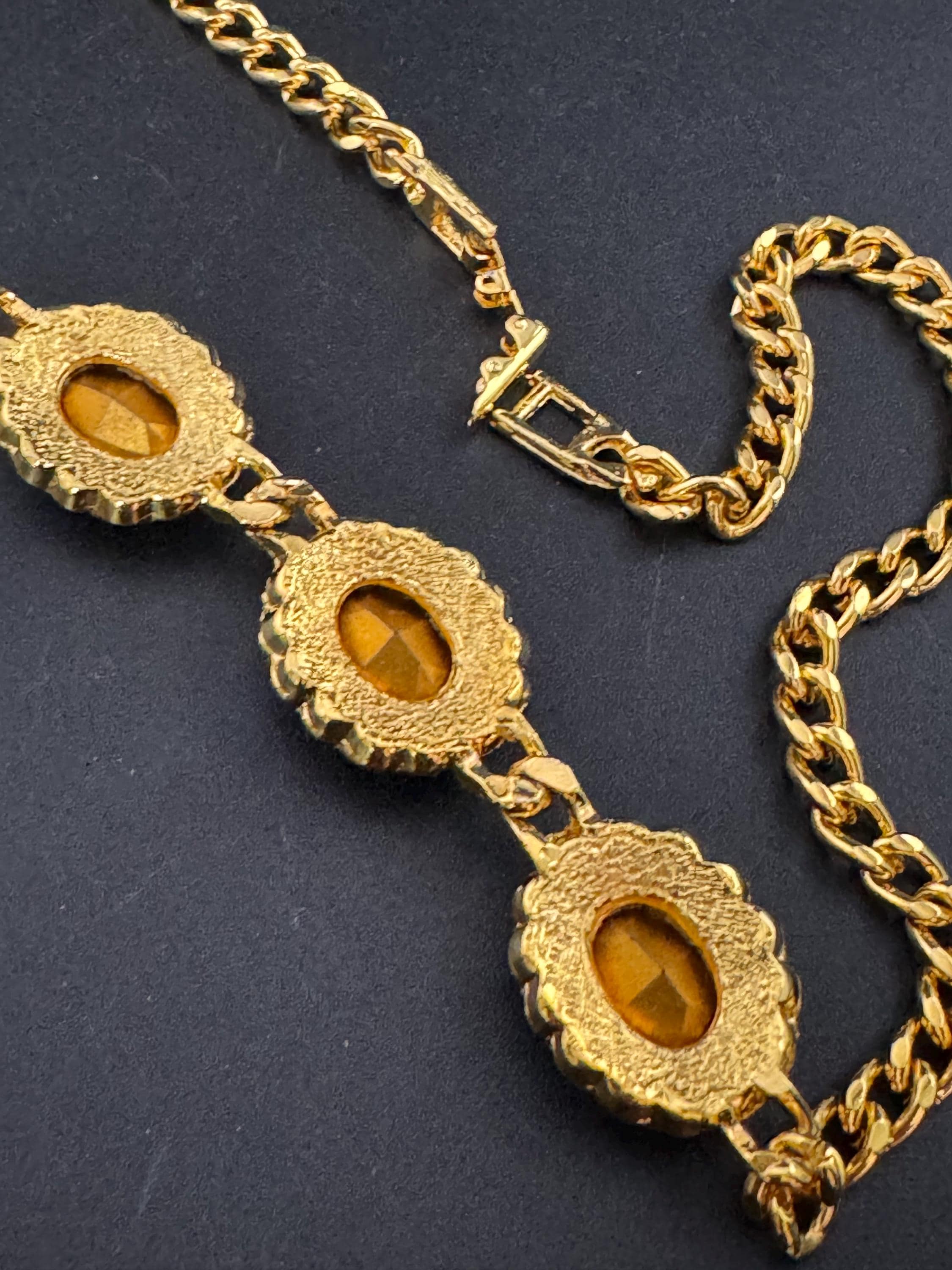 Vintage 1980s Swarovski crystal set triple sapphire blue and clear diamanté oval pendant necklace gold tone high end old shop stock