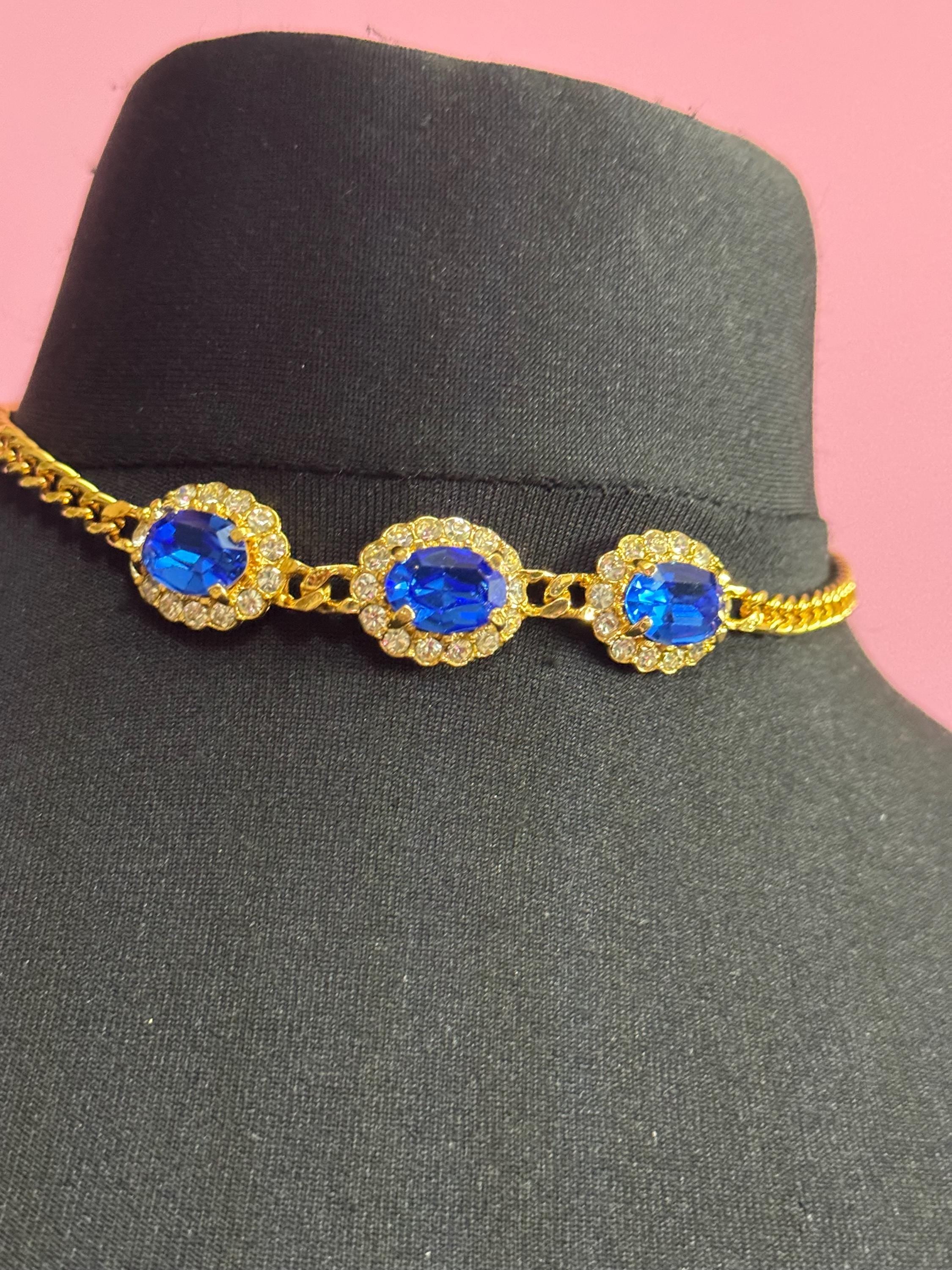 Vintage 1980s Swarovski crystal set triple sapphire blue and clear diamanté oval pendant necklace gold tone high end old shop stock
