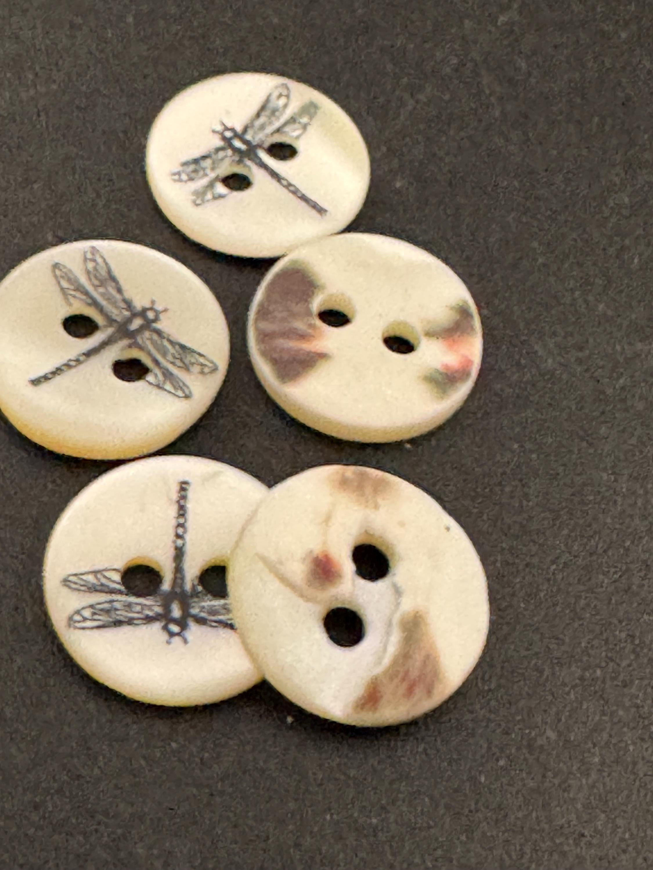 5 pack  x 10mm dragonfly insect small round natural MOP Mother of Pearl shell Buttons with 2 holes