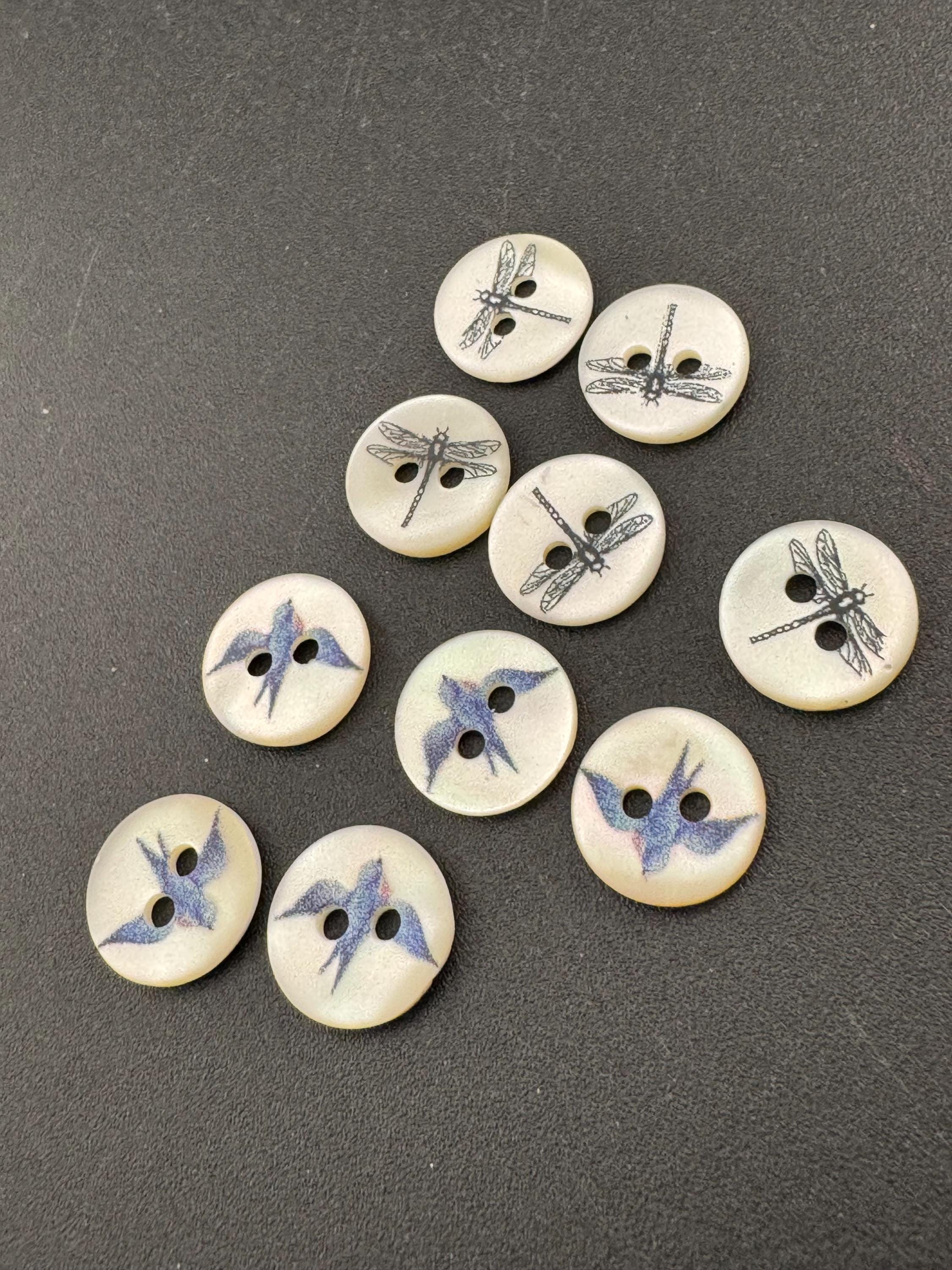 5 pack  x 10mm dragonfly insect small round natural MOP Mother of Pearl shell Buttons with 2 holes