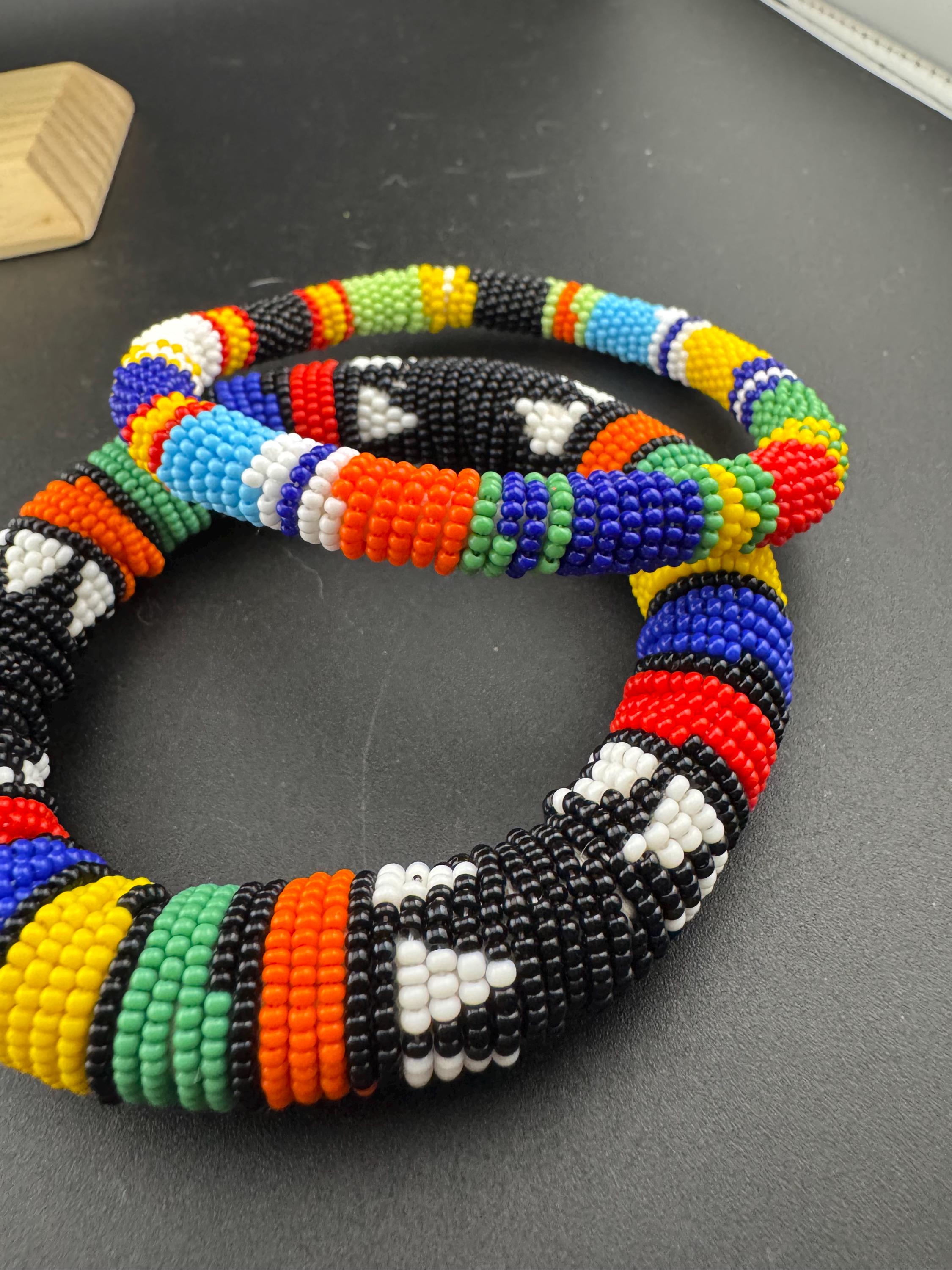 African Seed Beaded Bangle Bracelets: Colorful Vintage Pair