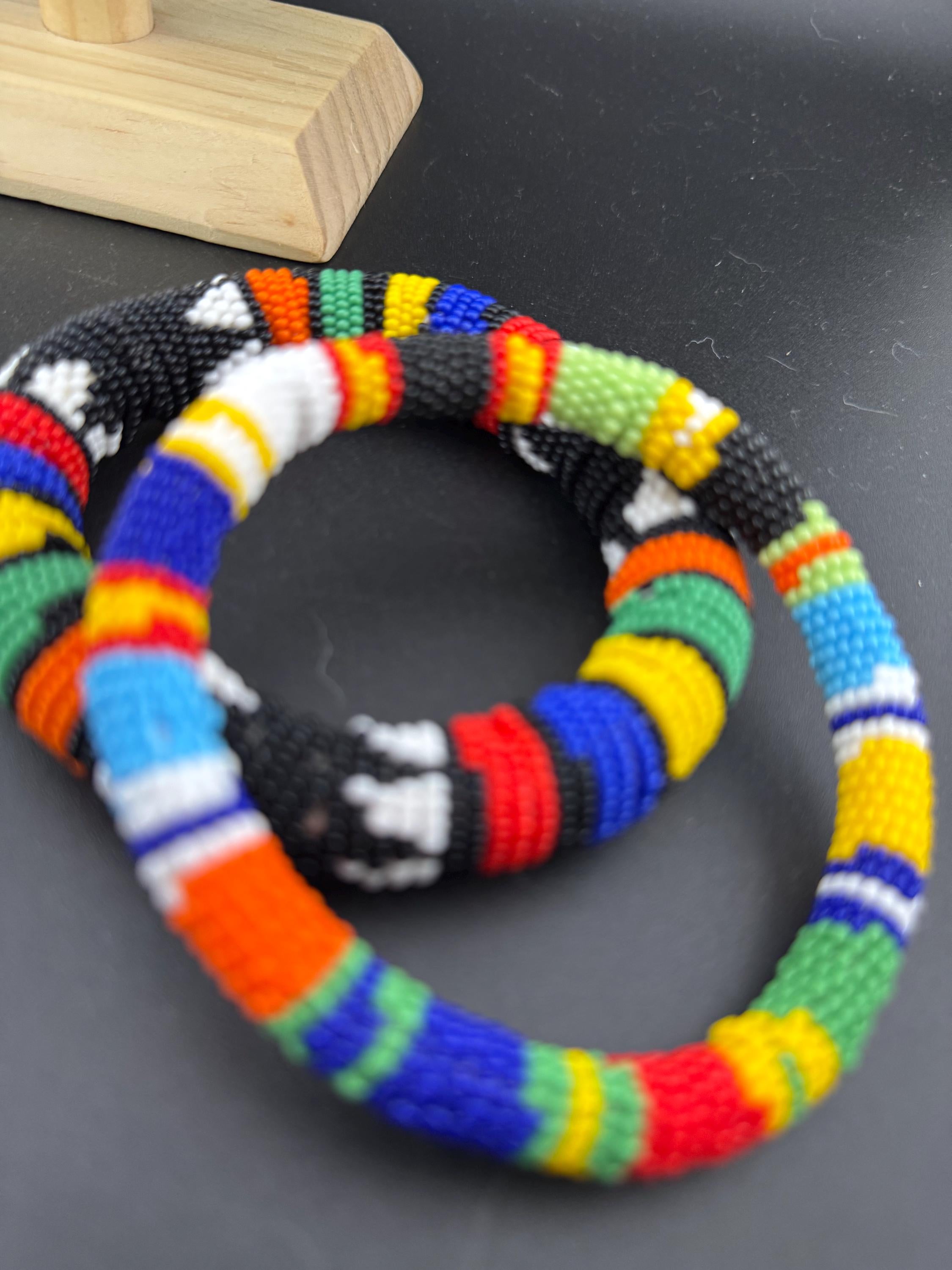 African Seed Beaded Bangle Bracelets: Colorful Vintage Pair