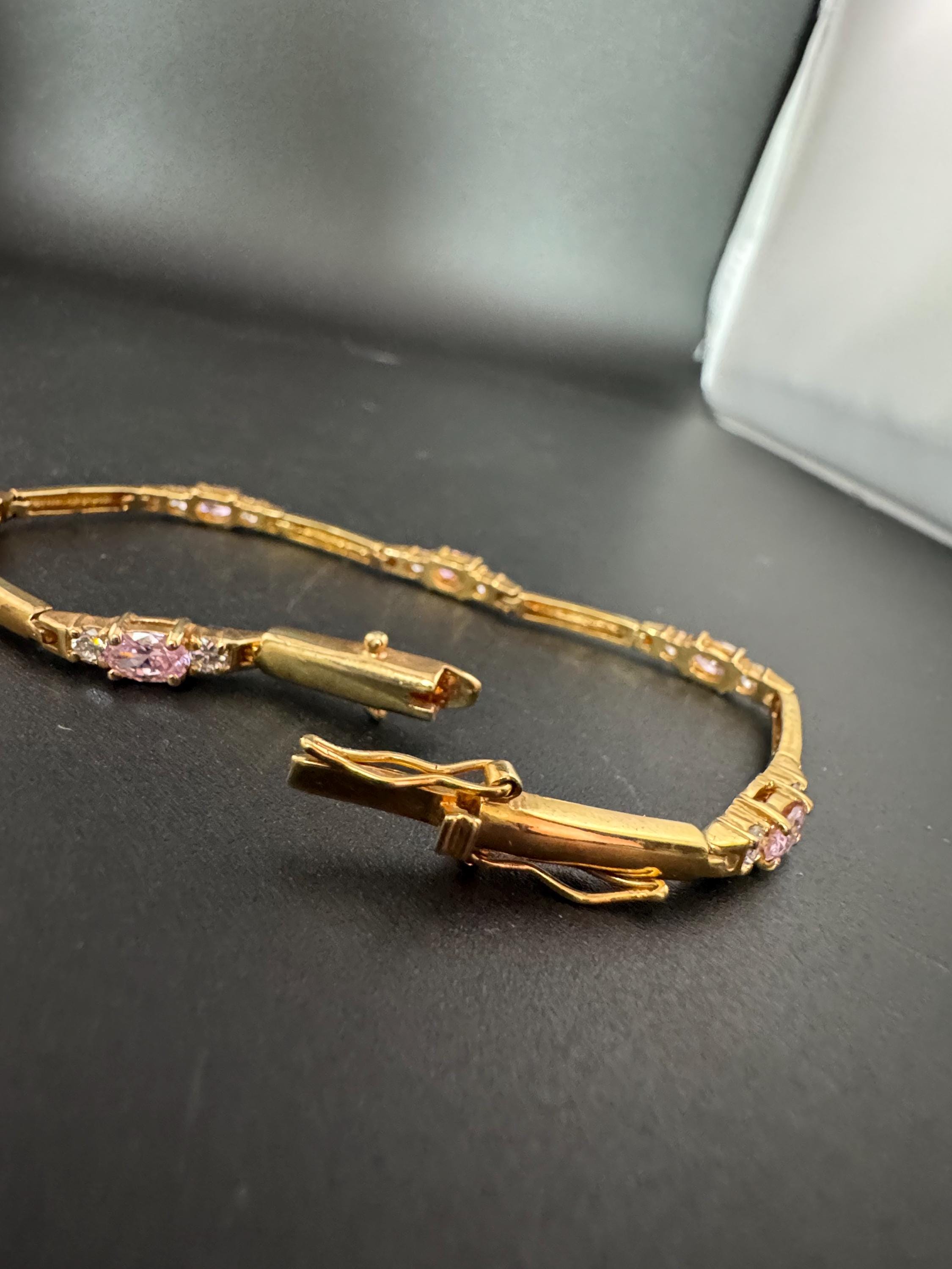 Vintage pink diamanté Crystal bezel set heavy gold plated tennis bracelet