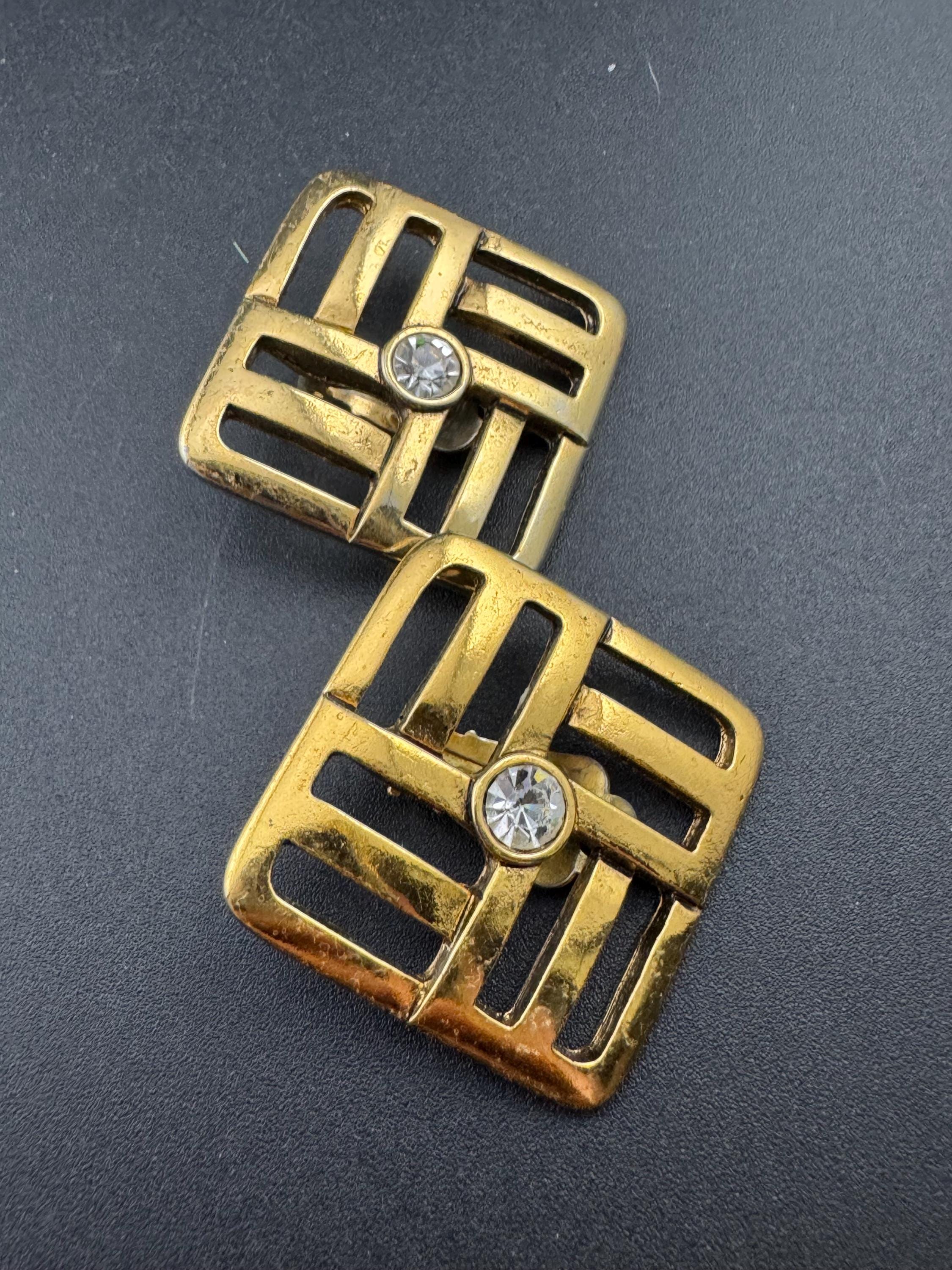 1980s modernist gold tone abstract woven square clip on diamanté stud earrings with centra rhinestone