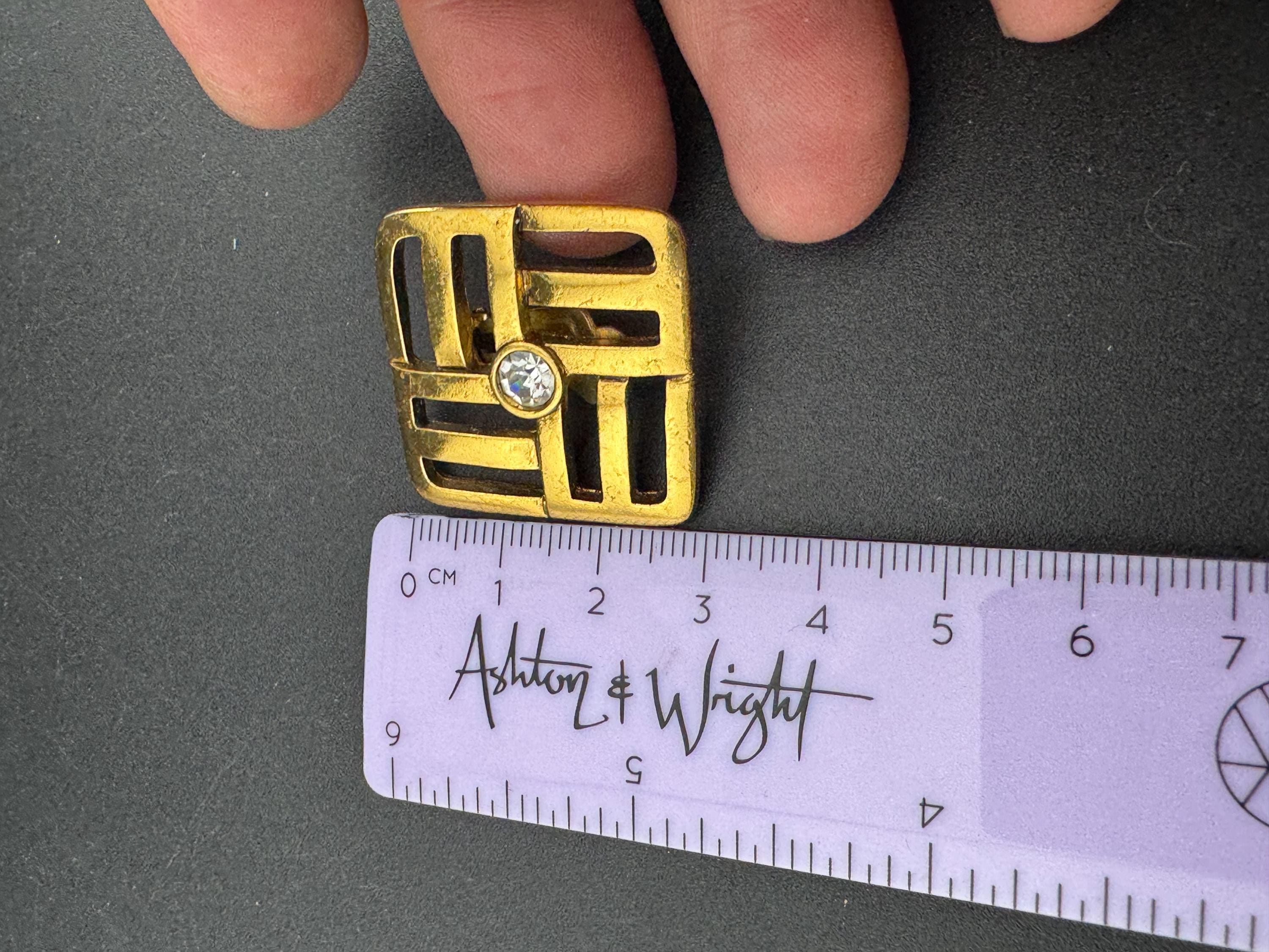 1980s modernist gold tone abstract woven square clip on diamanté stud earrings with centra rhinestone