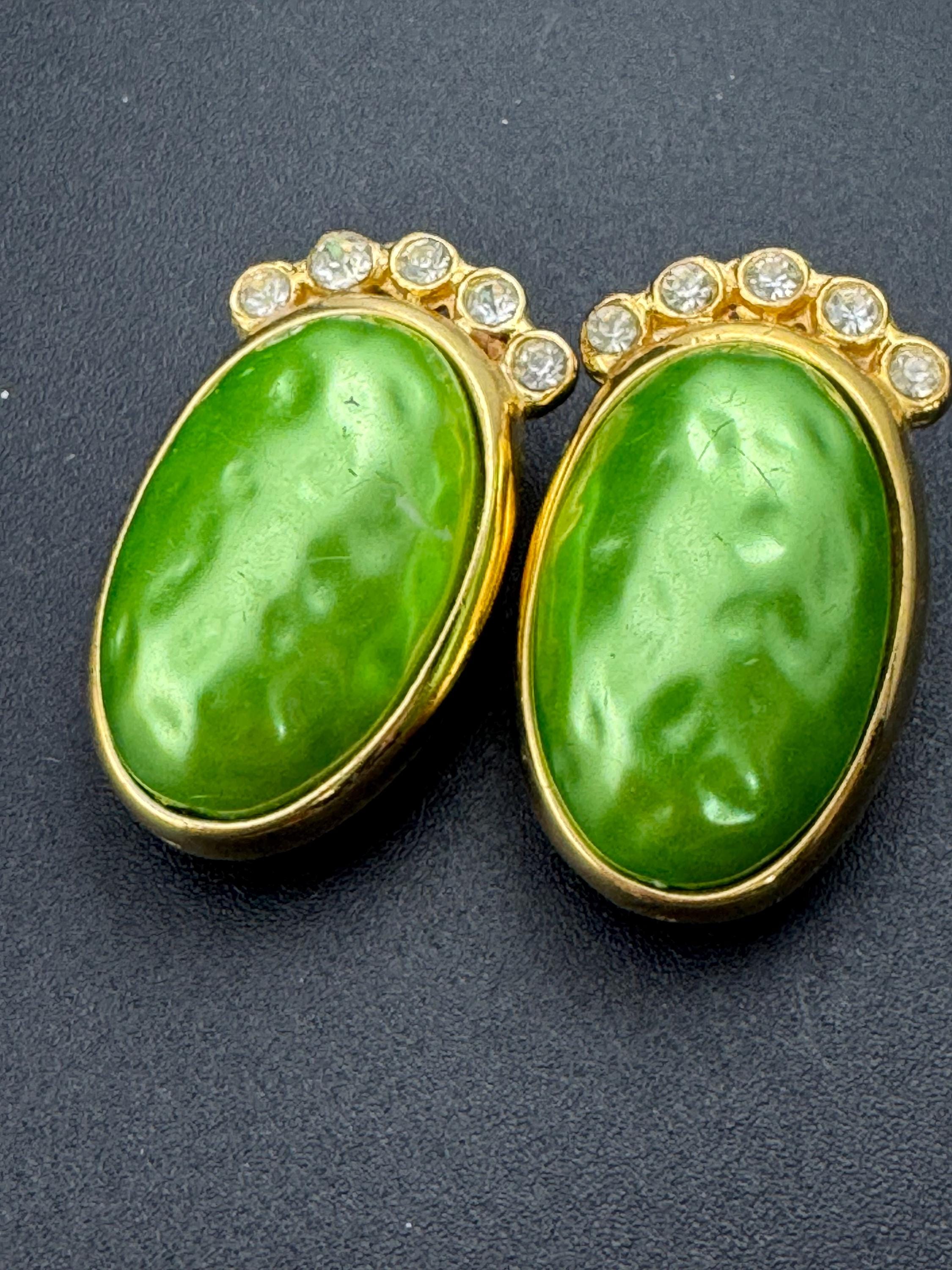 High end gold tone lime green  glass cabochon and diamanté oval clip on earrings
