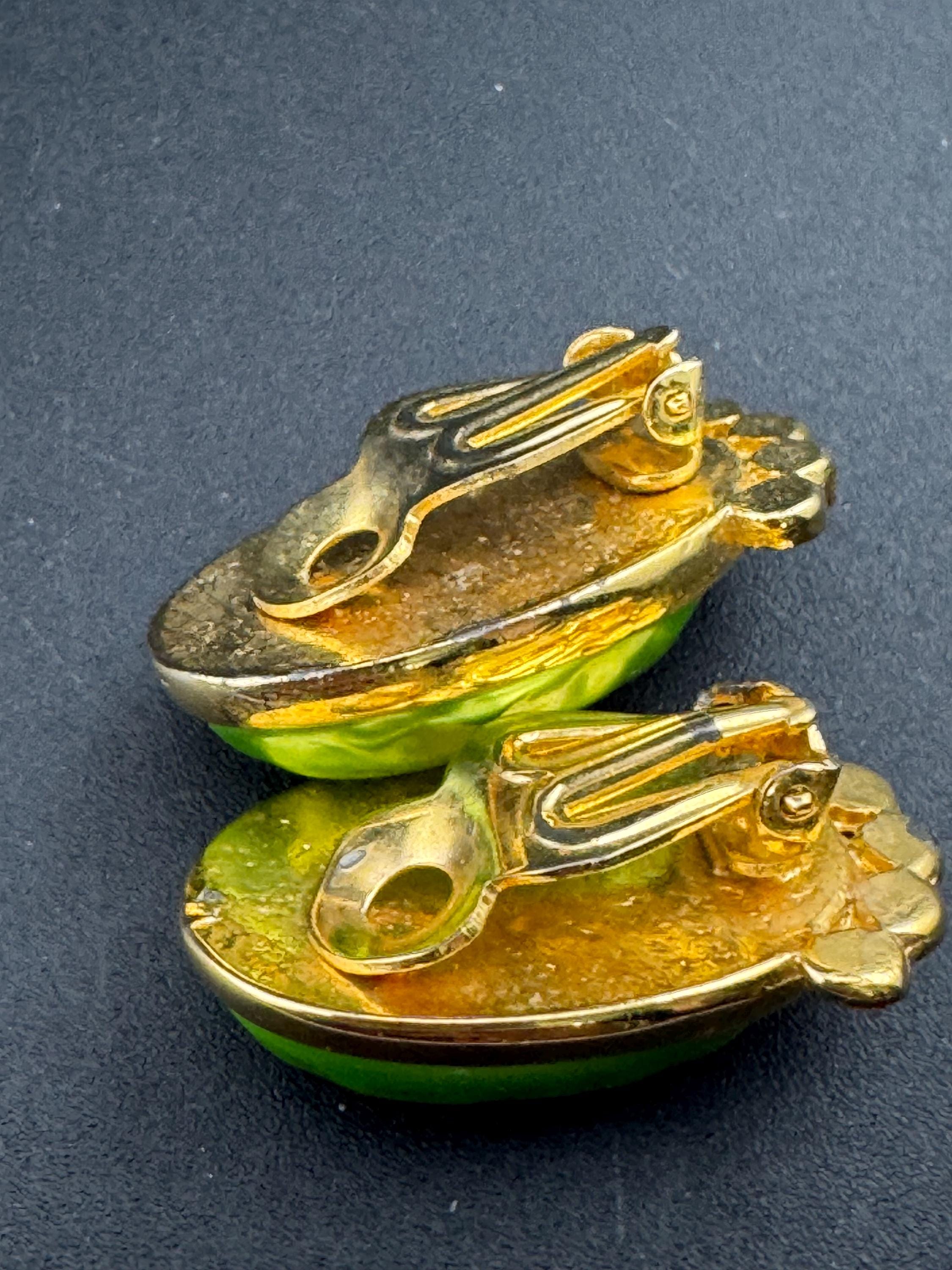 High end gold tone lime green  glass cabochon and diamanté oval clip on earrings