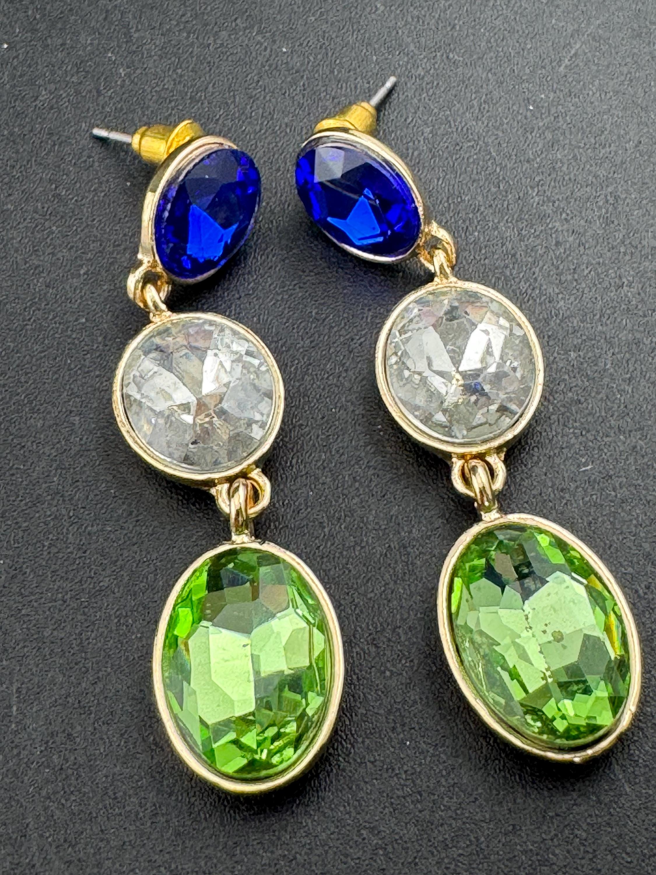 Retro long crystal earrings set with light green, sapphire blue and clear glass stones, heavy gold plated drop for pierced ears