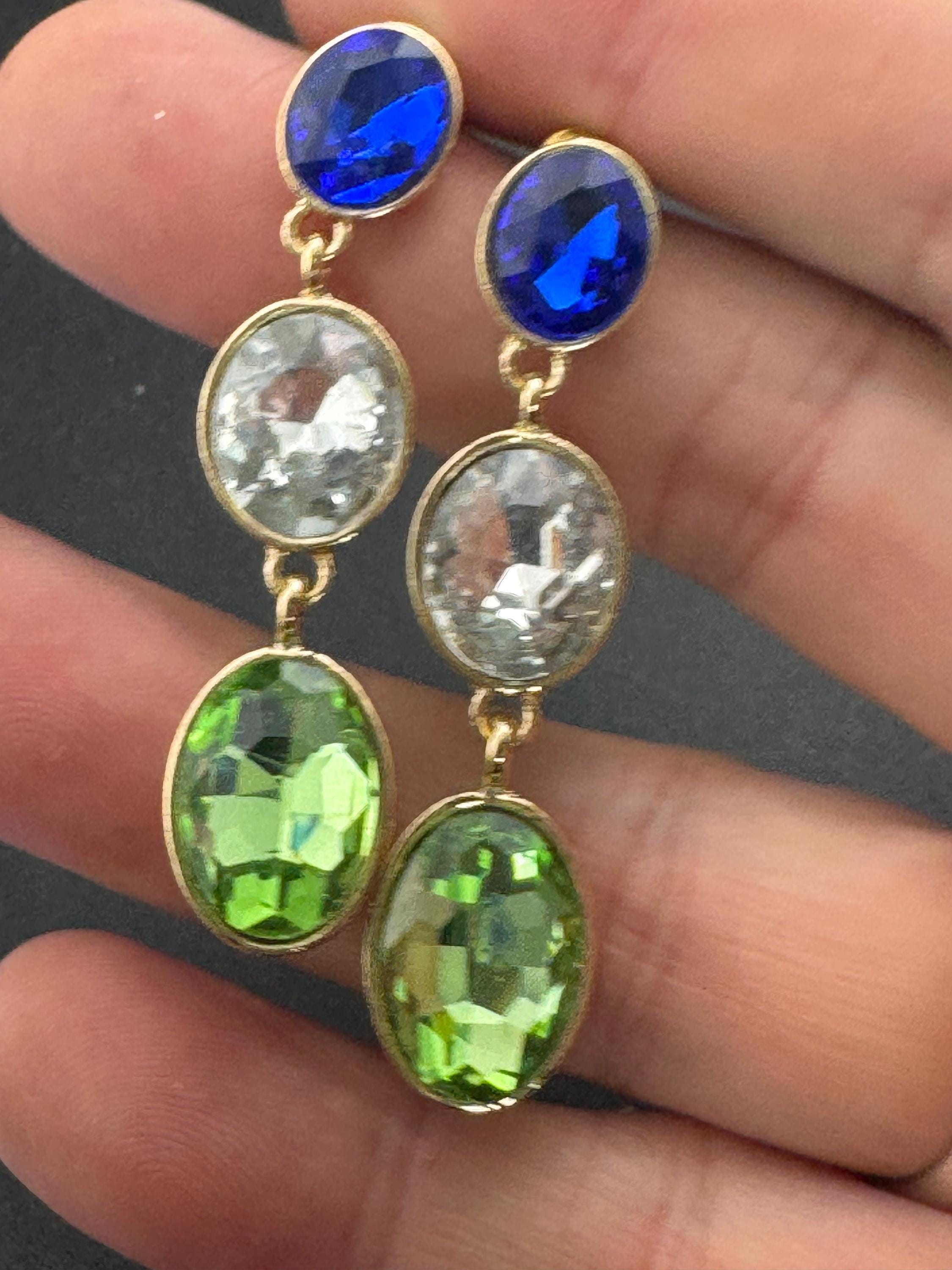 Retro long crystal earrings set with light green, sapphire blue and clear glass stones, heavy gold plated drop for pierced ears
