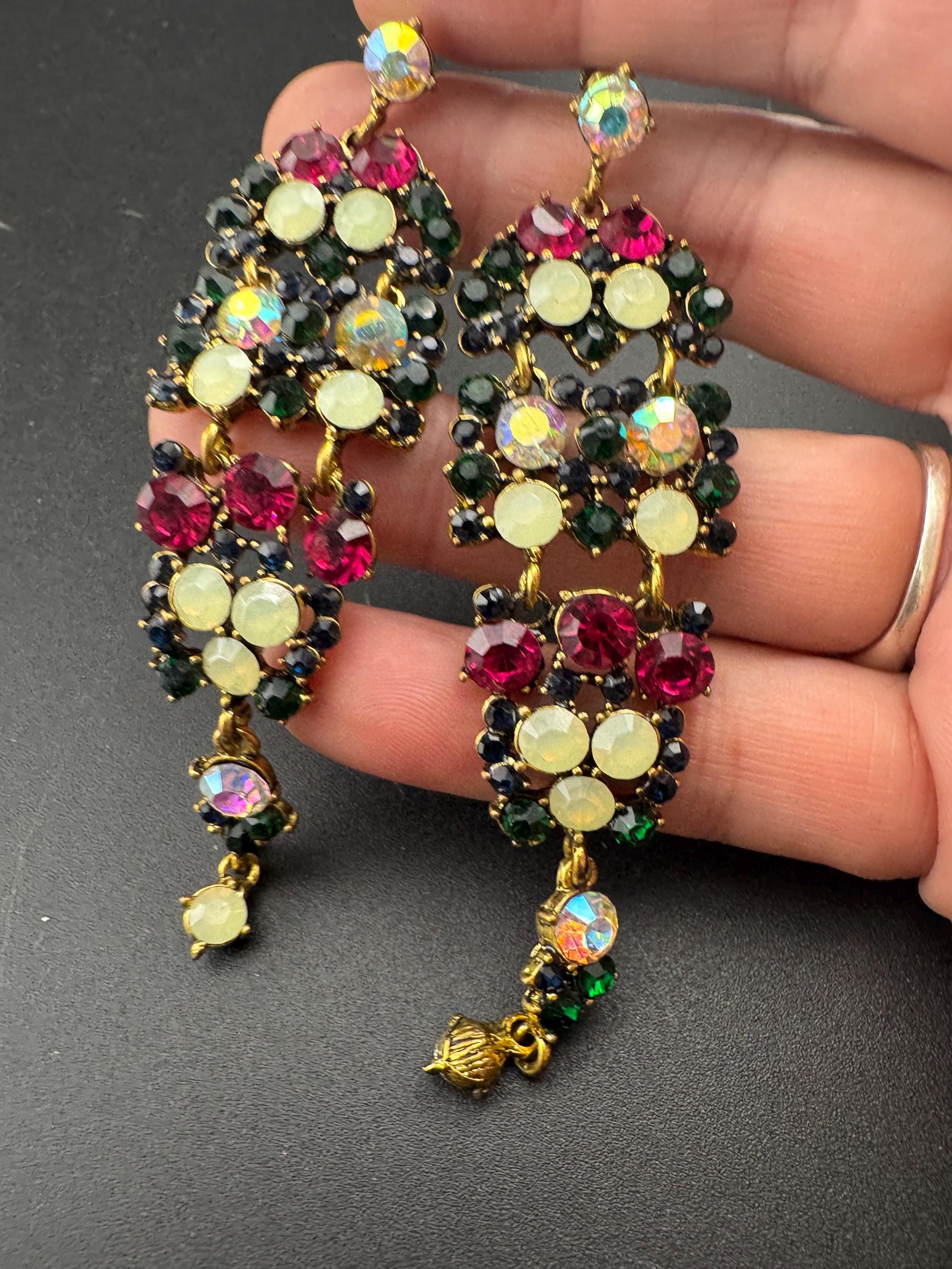 Oversized 7cm Retro y2k classic Gold Red Green rainbow diamanté door chandelier pierced drop earrings