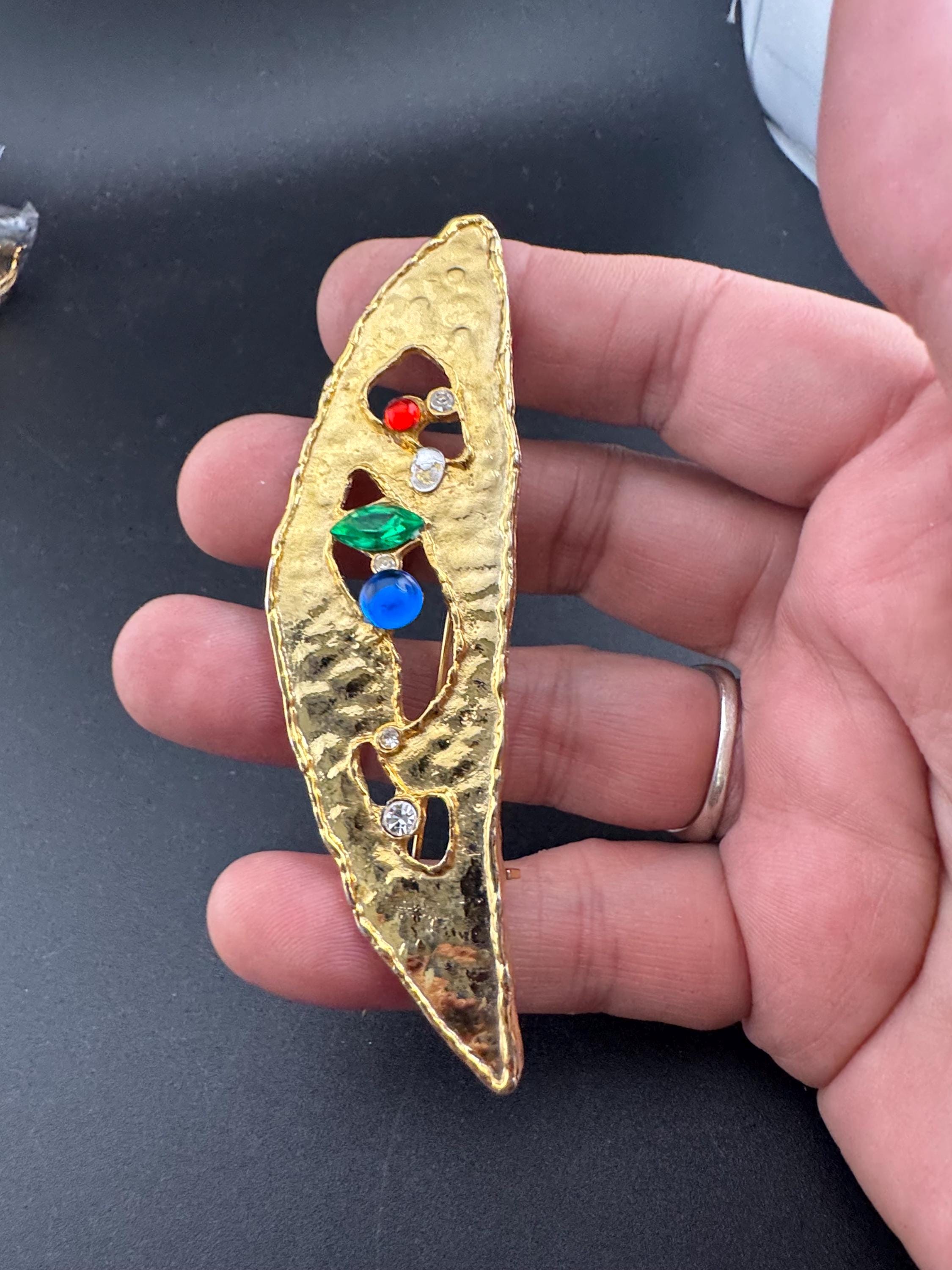 Vintage Oversized Gold Tone Brooch: Red, Blue & Green Diamante Cabochon