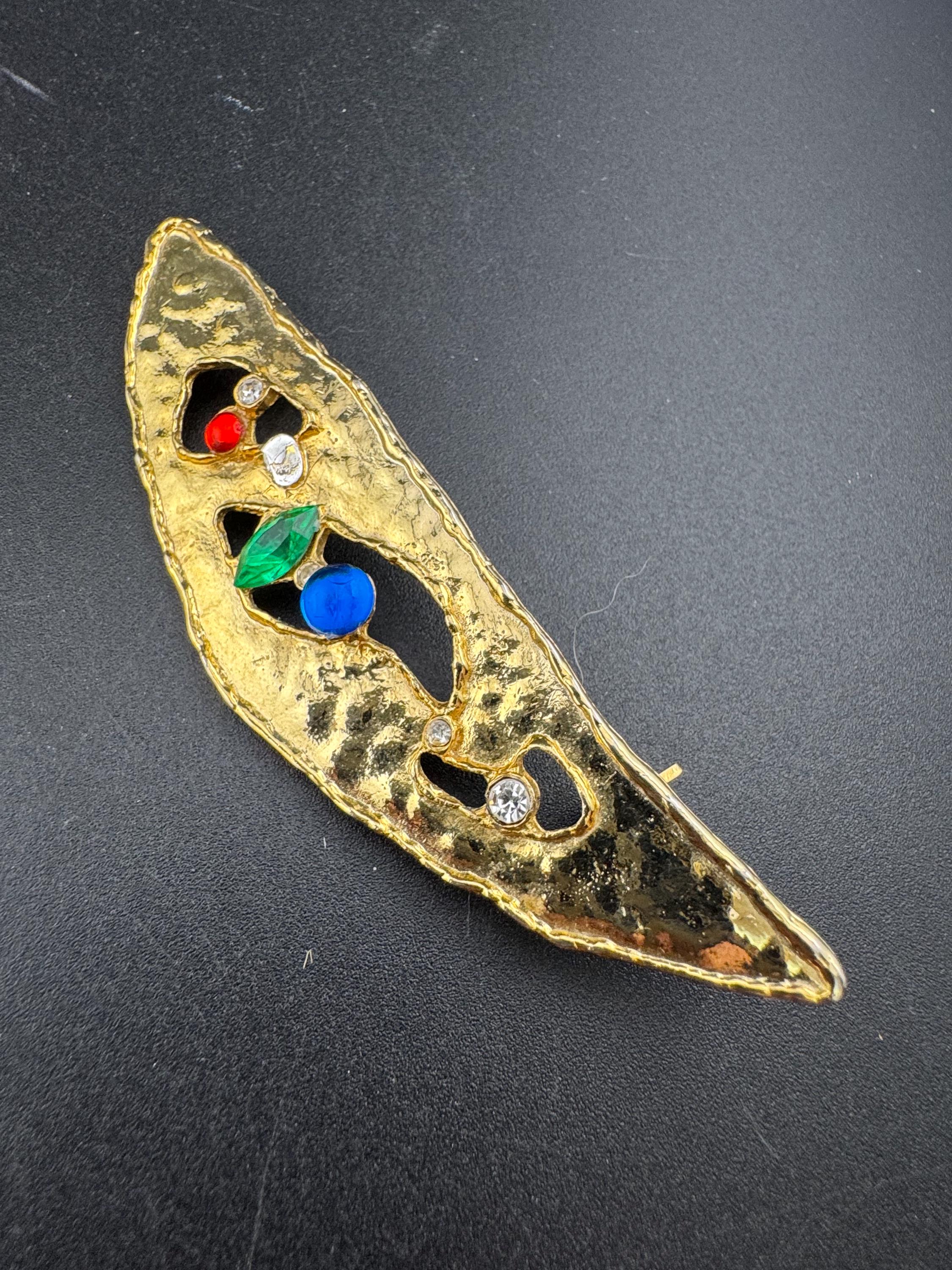 Vintage Oversized Gold Tone Brooch: Red, Blue & Green Diamante Cabochon