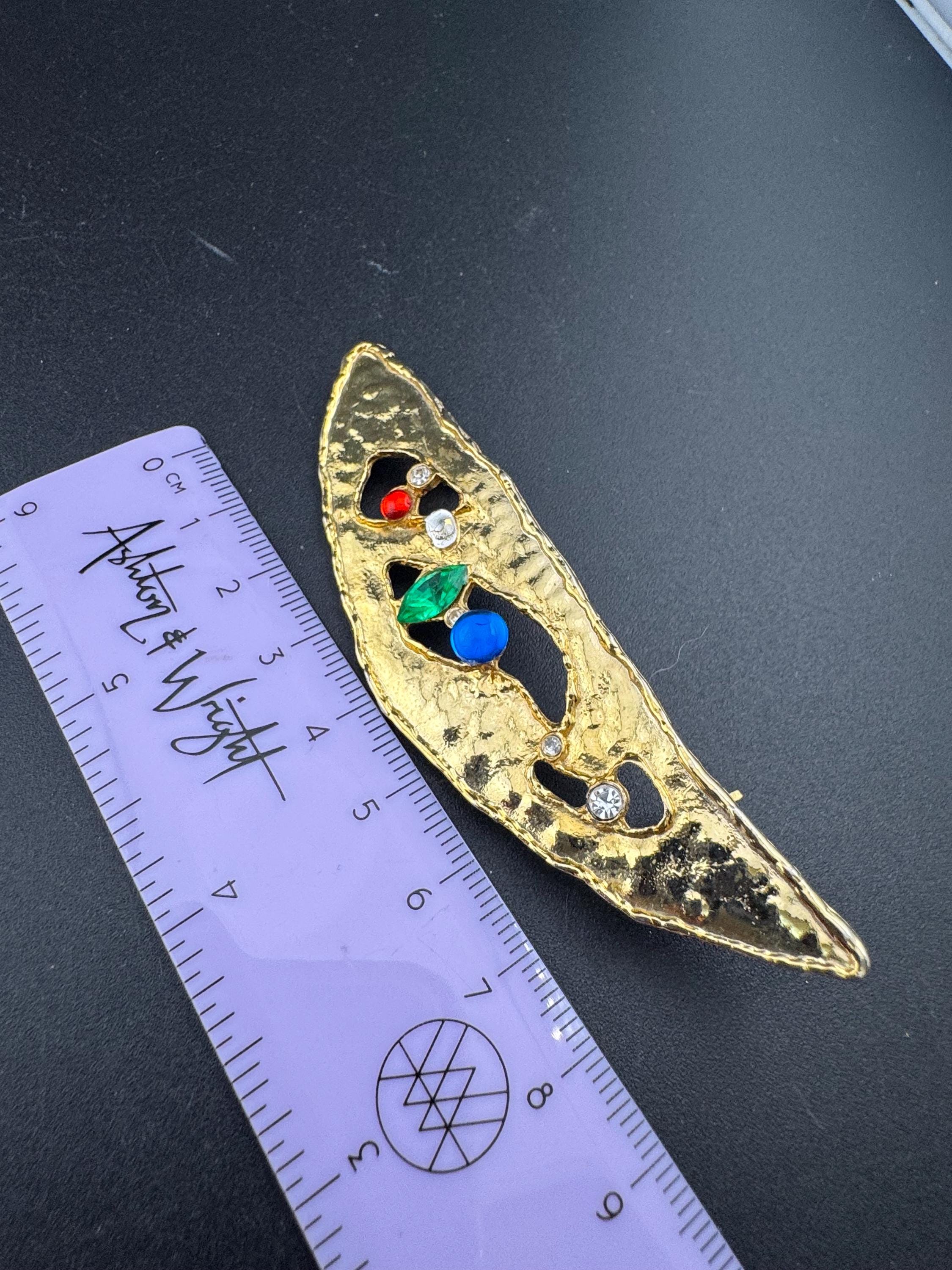 Vintage Oversized Gold Tone Brooch: Red, Blue & Green Diamante Cabochon