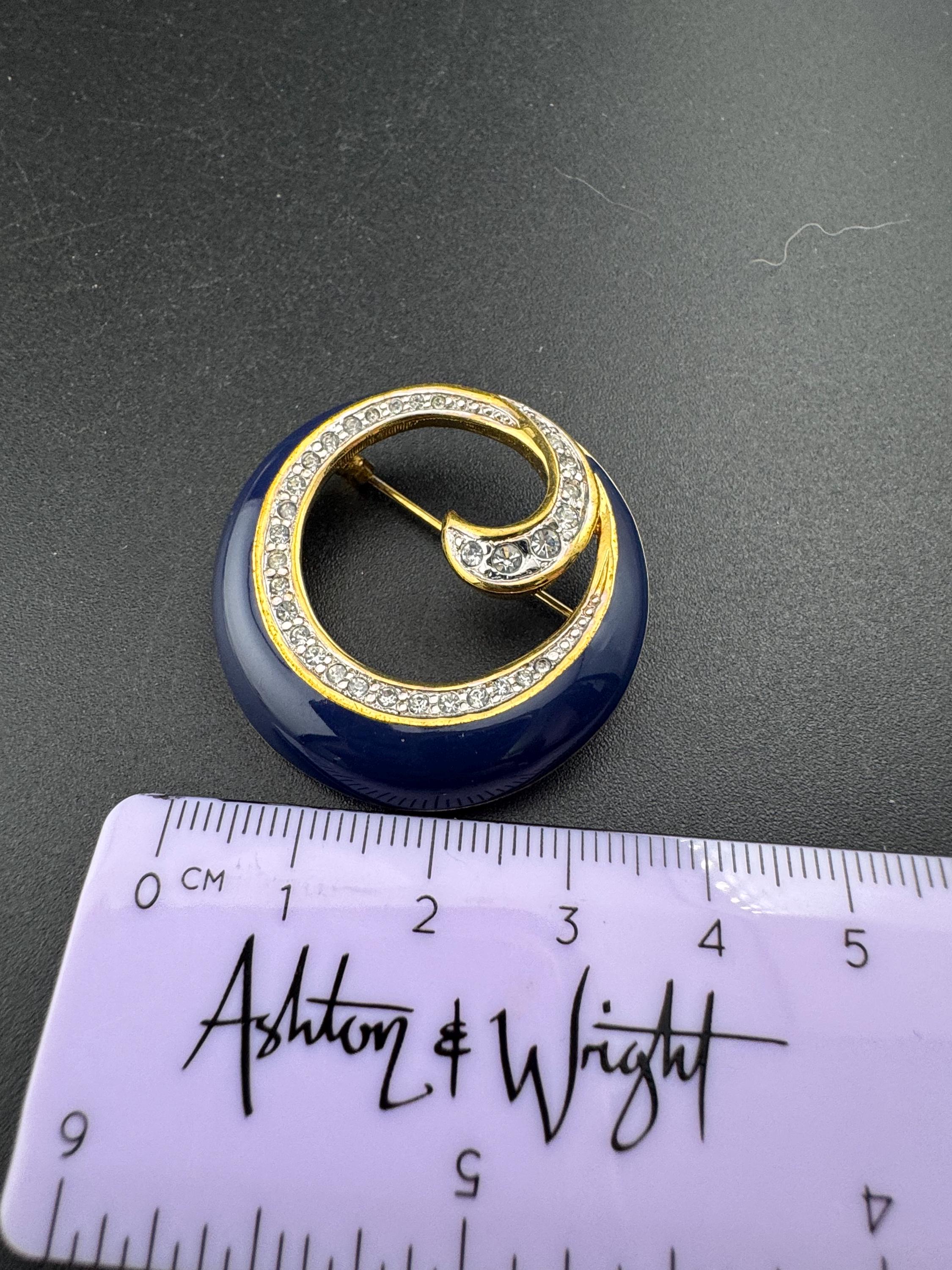 Vintage navy blue enamel diamanté gold tone abstract swirl detail brooch 1980s